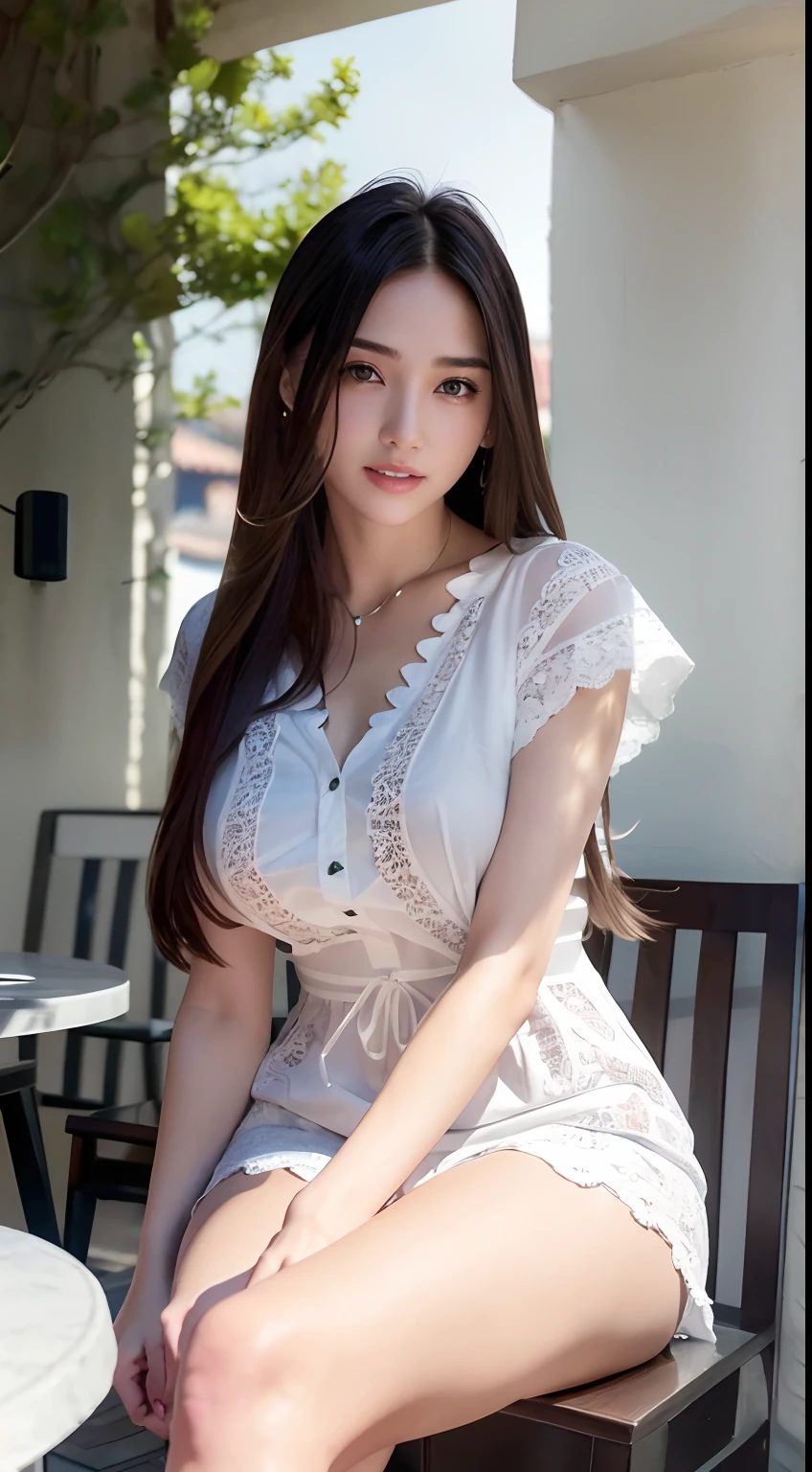 NSFW, (8K, Best quality, Masterpiece:1.2), (Realistic, photo-realistic:1.37), Ultra-detailed, 1 girl, view the viewer, Cute, Beautiful detailed sky, Detailed Cafe, Sit down at the dining table for afternoon tea, full bodyesbian, (Smile:1.15), Closed mouth, Medium breasts, Bursting shirt buttons, Beautiful detailed eyes, (Collared shirt:1.1), Daytime, Sunshine, White lace, (Long hair:1.4), Shoulder-length hair, Silver hair, uniform, White skin, Cinematic light, the street lights, (The hottest actress:1.4), entire body image, (Tea table:1),(carryng bag:1), ulzang-6500-v1.1:0.3, karinak-4501-6300:1.2