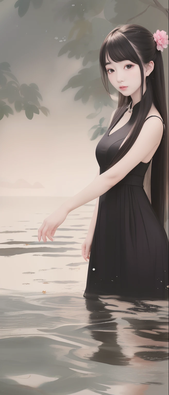 ((4k,masterpiece,best quality)), shuimobysim, Traditional chinese painting, lotuses, Hanfu, maxiskit, Dress conservatively 1girl, solo, Long black silk hair, ssmile, standing on your feet, Feet in the water, The barefoot,