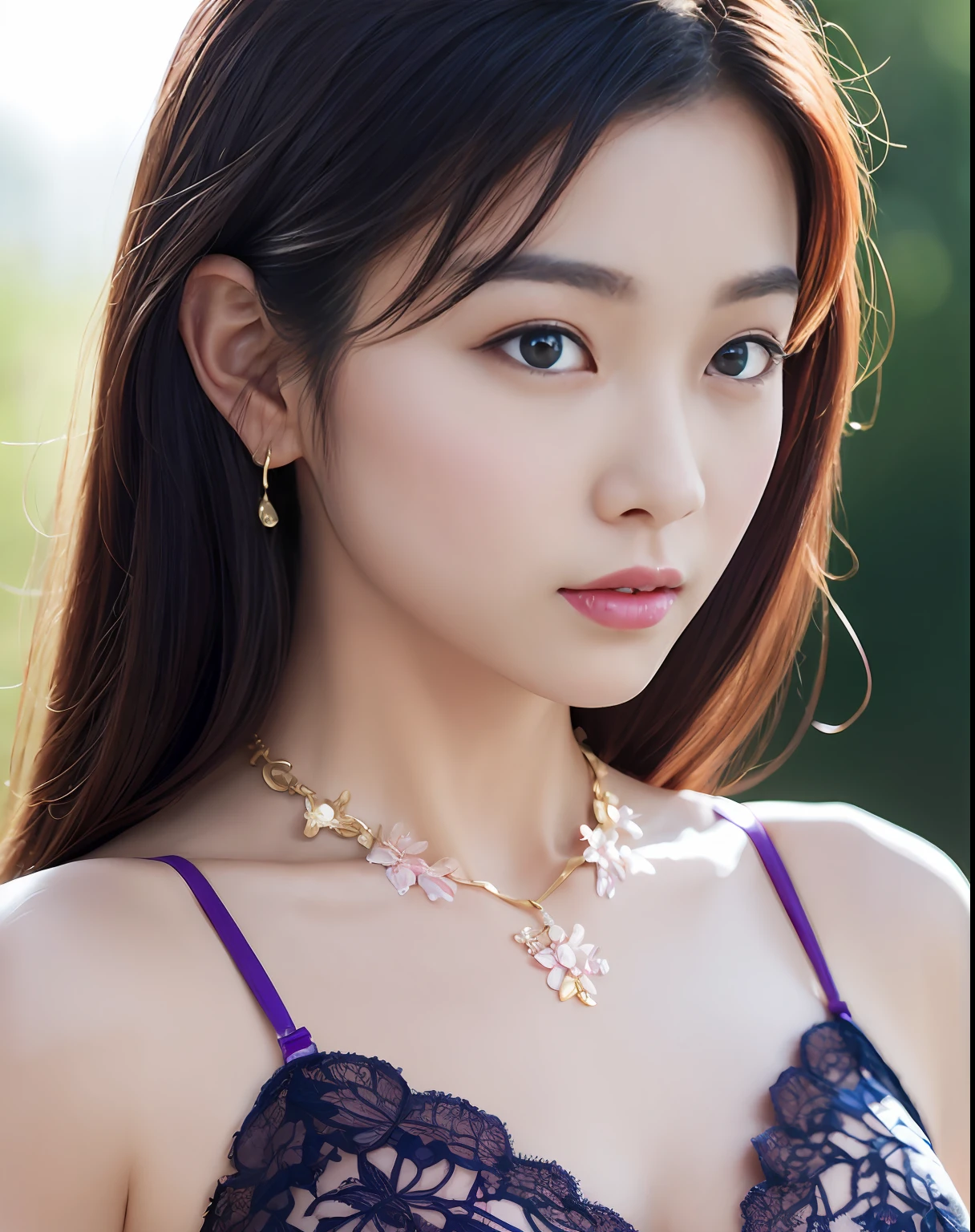 Bust up of a Korean woman in her early 20s, fair skin, blushed cheeks, in a purple lace bra and floral necklace, huge size. (8K, Best Quality : 1.2), (Masterpiece, Photorealistic : 1.3), Super Detail, anatomically correct