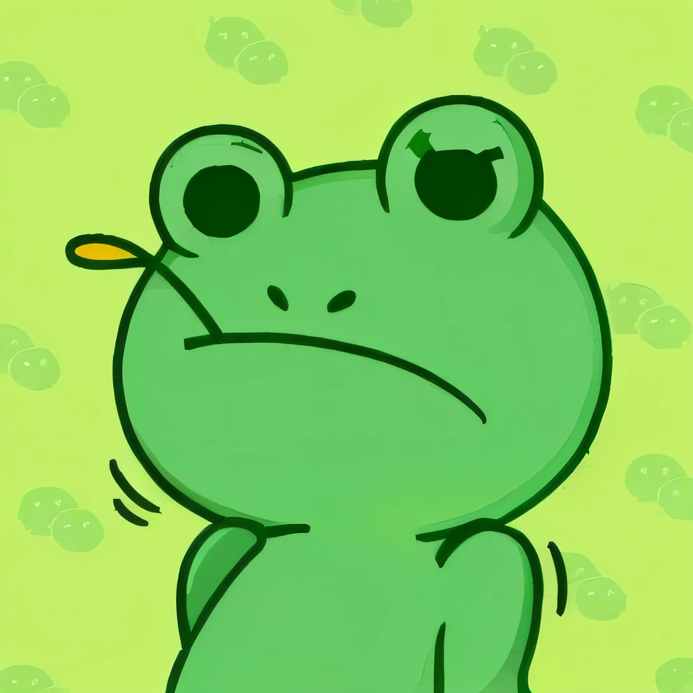 A cute sad cartoon frog，The name is Greeney，Frowning，Wear a frog headdress。