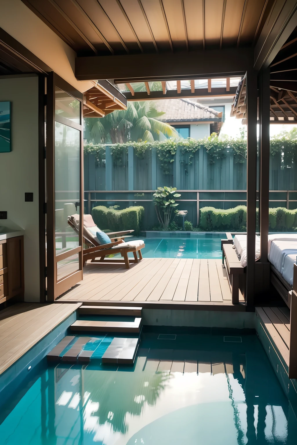 Create a resort,Provide one-stop leisure and vacation services。Depict a scene of an integrated resort,Holiday villas included、Outdoor swimming pool、Green gardens and outdoor sports facilities,As well as a comfortable relaxation area,For tourists to relax and enjoy。