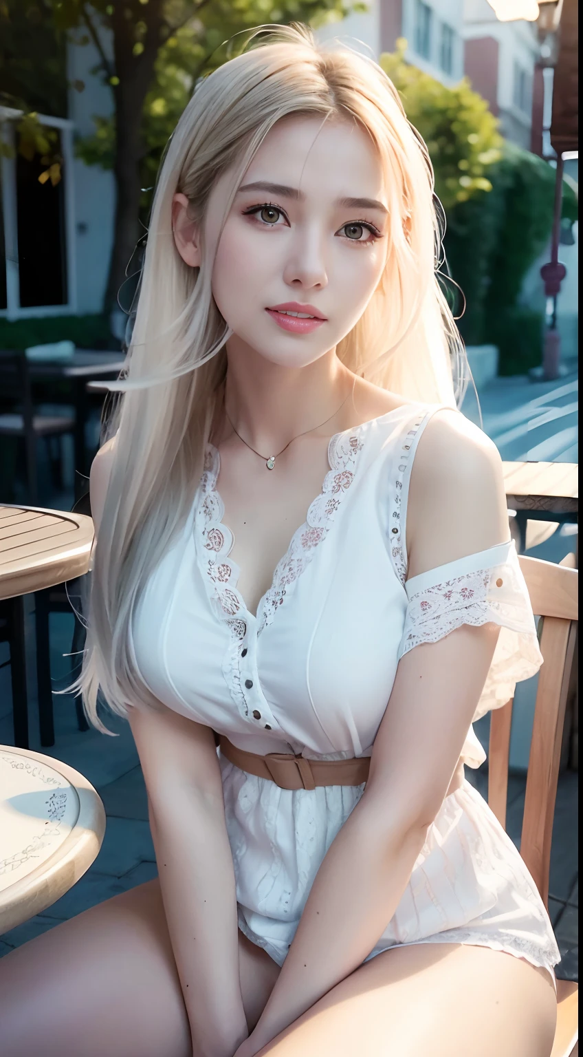 NSFW, (8K, Best quality, Masterpiece:1.2), (Realistic, photo-realistic:1.37), Ultra-detailed, 1 girl, view the viewer, Cute, Beautiful detailed sky, Detailed Cafe, Sit down at the dining table for afternoon tea, full bodyesbian, (Smile:1.15), Closed mouth, Medium breasts, Bursting shirt buttons, Beautiful detailed eyes, (Collared shirt:1.1), Daytime, Sunshine, White lace, (Long hair:1.4), Shoulder-length hair, Silver hair, uniform, White skin, Cinematic light, the street lights, (The hottest actress:1.4), entire body image, (Tea table:1),(carryng bag:1), ulzang-6500-v1.1:0.3, karinak-4501-6300:1.2