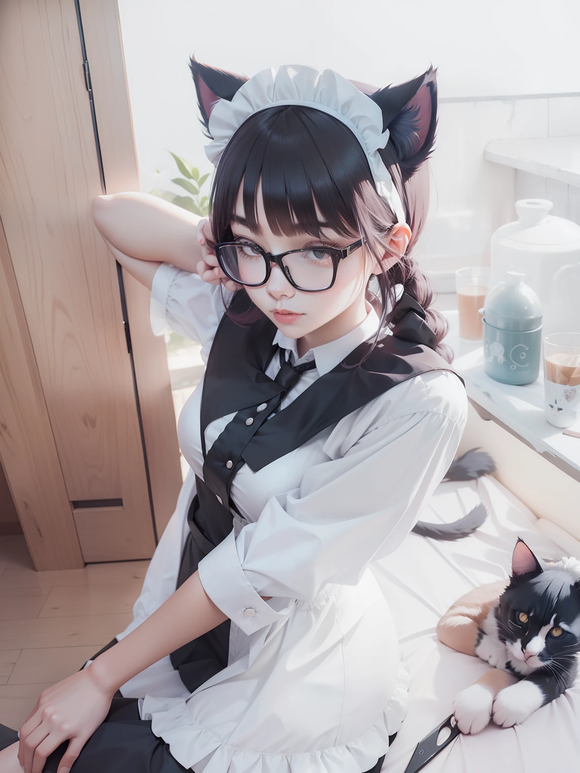 the maid outfit，cat ear，black-frame glasses，adolable，scissor hands，dual horsetail，tiese