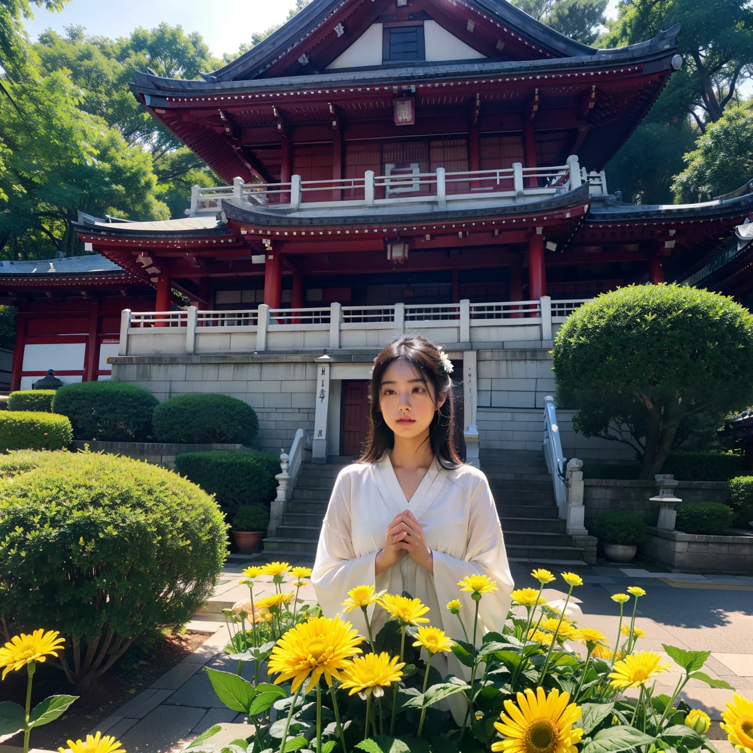 ((top-quality))、((masterpiece))、(ighly detailed:1.3)、HDR(HighDynamicRange)、Ray traching、nvidia RTX、Hyper-Resolution、Unreal 5、sub-surface Scattering、PBR Textures、post processed、Anisotropy Filtering、depth of fields、Maximum sharpness and sharpness、 multi-layer texture、Albedo and specular mapping、Surface Shading、Accurate simulation of light-material interactions、Perfect Ratios、octane renderings、Duotone lighting、Low ISO、White Balance、thirds rule、Large aperture、8K RAW、high efficiency sub-pixel、sub-pixel convolution、Luminescent particles、light scattering、Tindall Effect、one beautiful women、Sad face、Crying face、tears、Beautiful facial features、Eyes are double、Worship at a temple in Japan、Bright sunshine、Mourning、Scenery with a Japanese atmosphere、temple、Large Buddha statue、Thin eyebrows、With a bouquet of chrysanthemums、