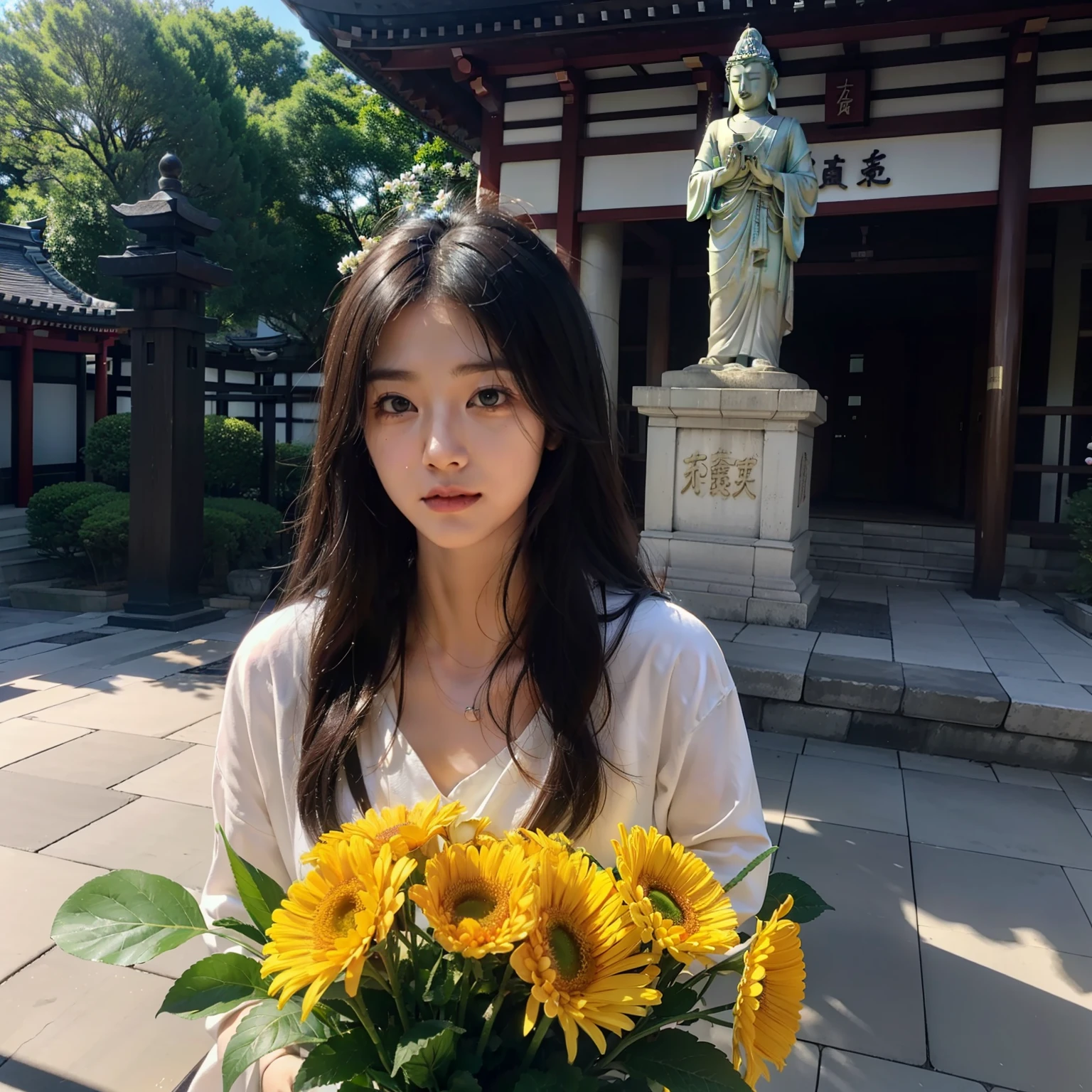 ((top-quality))、((masterpiece))、(ighly detailed:1.3)、HDR(HighDynamicRange)、Ray traching、nvidia RTX、Hyper-Resolution、Unreal 5、sub-surface Scattering、PBR Textures、post processed、Anisotropy Filtering、depth of fields、Maximum sharpness and sharpness、 multi-layer texture、Albedo and specular mapping、Surface Shading、Accurate simulation of light-material interactions、Perfect Ratios、octane renderings、Duotone lighting、Low ISO、White Balance、thirds rule、Large aperture、8K RAW、high efficiency sub-pixel、sub-pixel convolution、Luminescent particles、light scattering、Tindall Effect、one beautiful women、Sad face、Crying face、tears、Beautiful facial features、Eyes are double、Worship at a temple in Japan、Bright sunshine、Mourning、Scenery with a Japanese atmosphere、temple、Large Buddha statue、Thin eyebrows、With a bouquet of chrysanthemums、