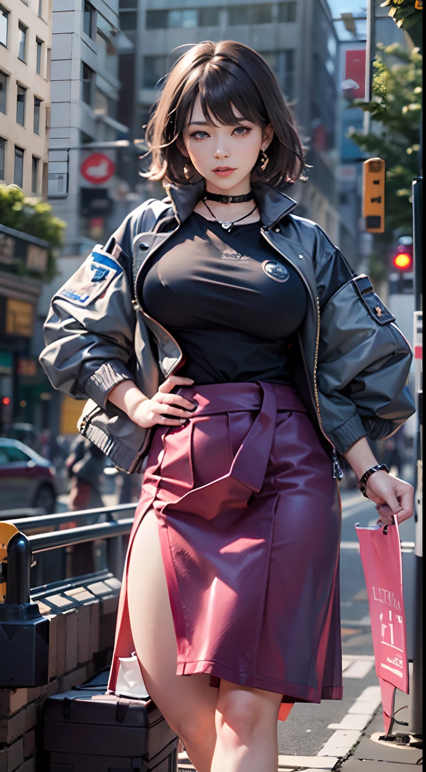 A Japanese woman walking in the city,Buildings,A plant,ssmile,Mixed Korean,The background is blurred out,focal,电影灯光,(((tmasterpiece))), ((best qualtiy)), ((Complex and detailed)), ((ultra-realistic realism)), Ridiculous resolution, A MILF, Mature woman, ssee-through, highly detailed, illustratio, 1girll, (huge tit), beatiful detailed eyes, short detailed hair, brunette color hair, a purple eye, (leisure wear:1.2), jaket, high-necksweater, a skirt, Black collar, 耳Nipple Ring, high-heels, detailed back ground, perfect eyes, Seductive eye, looking at viewert, From the front