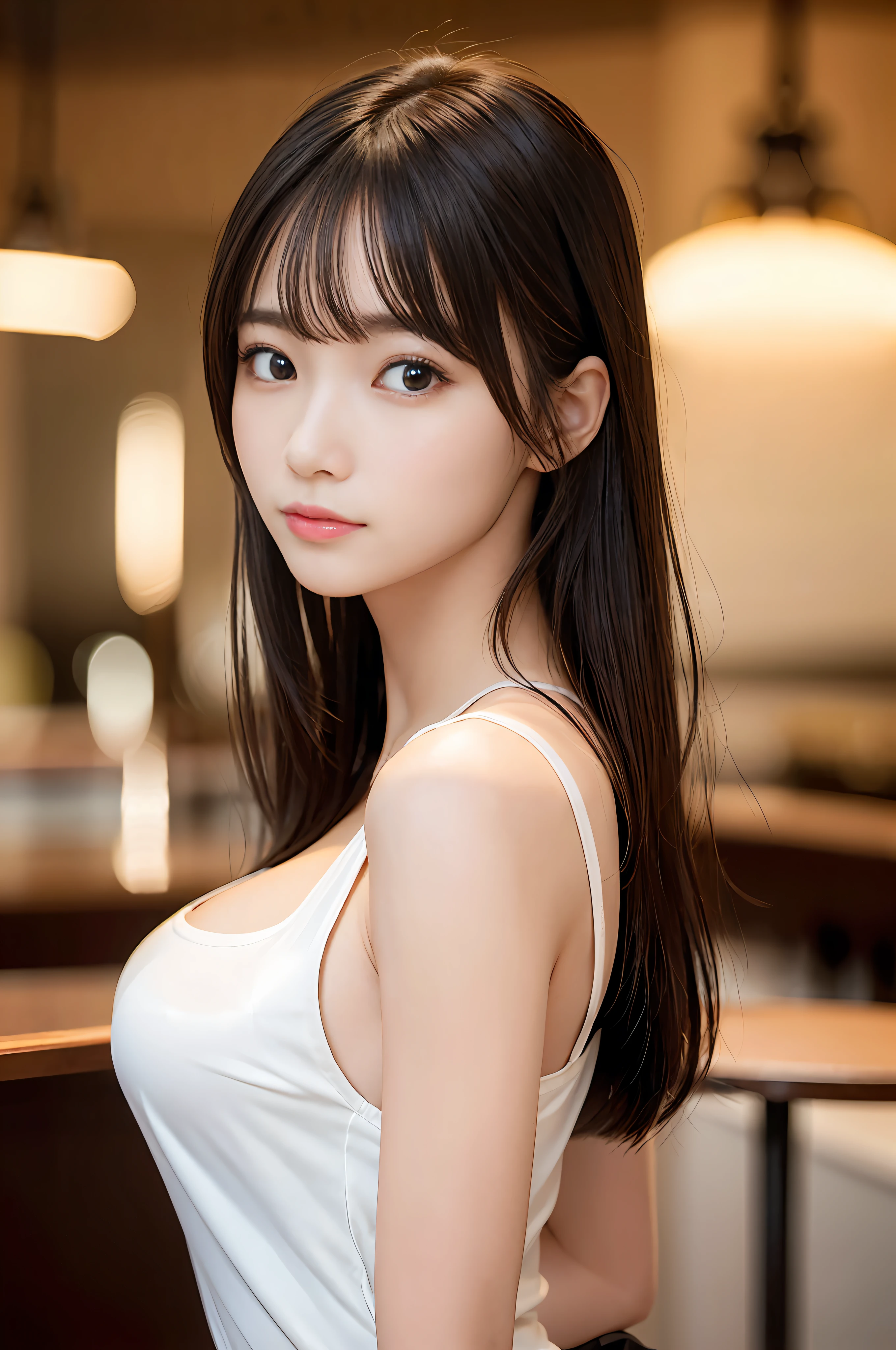 masterpiece, best quality, photorealistic, raw photo, DSLR, beautiful Japanese girl, 15-year-old, solo, highly detailed fair skin, shiny skin, realistic face, beautiful face, (highly detailed realistic eyes), beautiful eyes, bright eyes, double eyelids, look at viewer, (black short hair), (dark short hair), bangs, disheveled hair, slim figure, slim face, big breasts, ((cafe clerk clothes, work in cafe)), beautiful lighting, perfect lighting, realistic shadows, highly detailed, highly delicate and beautiful, ultra high resolution, 8k UHD wallpaper,