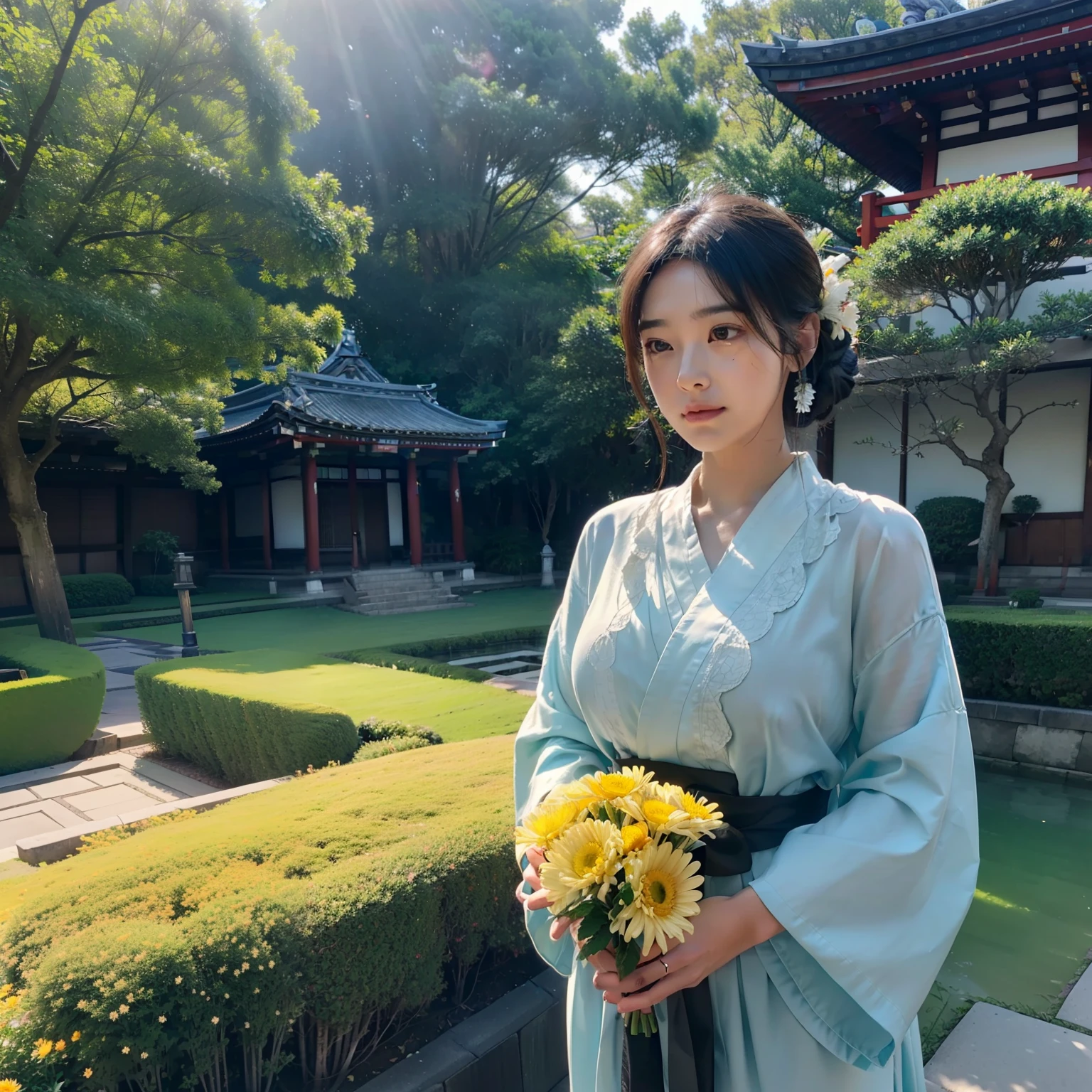 ((top-quality))、((​masterpiece))、(ighly detailed:1.3)、HDR(HighDynamicRange)、Ray traching、nvidia RTX、Hyper-Resolution、Unreal 5、sub-surface Scattering、PBR Textures、post processed、Anisotropy Filtering、depth of fields、Maximum sharpness and sharpness、 multi-layer texture、Albedo and specular mapping、Surface Shading、Accurate simulation of light-material interactions、Perfect Ratios、octane renderings、Duotone lighting、Low ISO、White Balance、thirds rule、Large aperture、8K RAW、high efficiency sub-pixel、sub-pixel convolution、Luminescent particles、light scattering、Tindall Effect、one beautiful women、Sad face、Crying face、tears、Beautiful facial features、Eyes are double、Worship at a temple in Japan、Bright sunshine、Mourning、Scenery with a Japanese atmosphere、temple、Large Buddha statue、Thin eyebrows、With a bouquet of chrysanthemums、