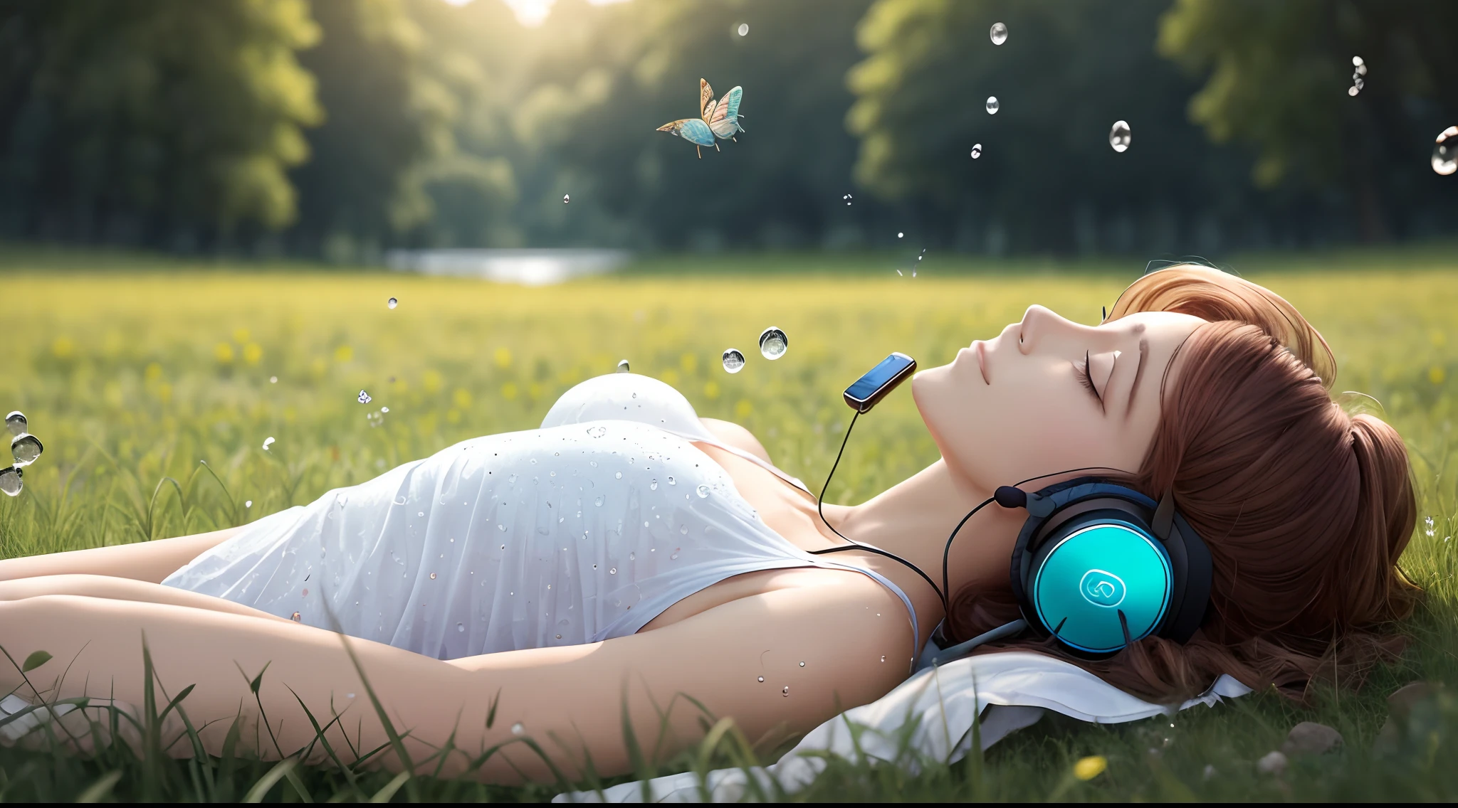 Intelligent woman resting looking at mobile phone in vast nature Wearing headset and listening to music, Her expression is very relaxed, the butterfly is flying, the green grass is shining, the three-dimensional feeling is strong, And she is lying there and healing, the water droplets are moving in three dimensions, and the natural scenery is depicted more strongly than her, and the vast nature is shining even more --auto