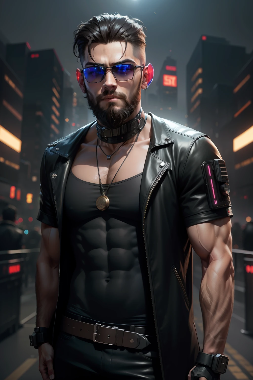 Change background cyberpunk handsome boy, moscular body,long beard,realistic face,8k ultra resolution