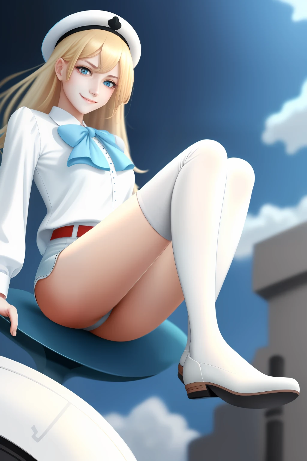 Kizi，blond hairbl，blue color eyes，ssmile，Be red in the face，adolable，White color blouse，short white pants，the feet