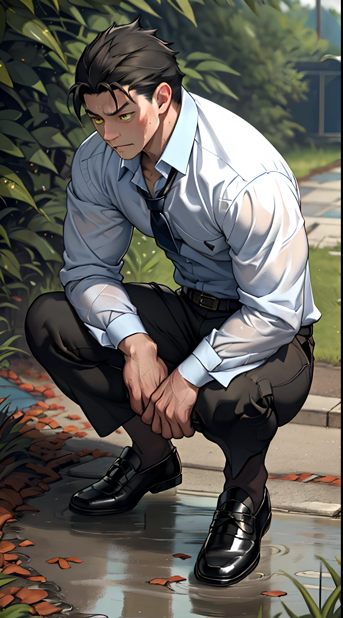 A3R1, Hector Fey ,Multi-view upper body, Suit pants view,legs separated,A3R1,pissing,Pee yourself,His own urine ran down his thighs,perfect male figure, Aerith Gainsborough ,Put your hands in your trouser pockets,Pee from his legs,yellow eyes,kneels on the ground,Half squat,legs separated,sit astride,Wear a tie,wearing leather belt,Long Sleeve White Shirt,(The shirt is soaked),Black hair short hair,perspire,Black suit trousers,dress shoes,Nervously bow your head,is shy,embarressed,exhilarated,is shocked,panicking,worry,exteriors,On dry ground, A small puddle of his own urine formed around his feet,Half squat,Very eager to pee,It's unbearable,Sweat runs from the crotch,Wet yourself,Squatting to urinate,high detal,hentail realism,ultra-realistic realism,three sided view, A masterpiece of careful planning,A high resolution, hyper HD ,anatomy correct,super detailing,best qualtiy,A high resolution,8K