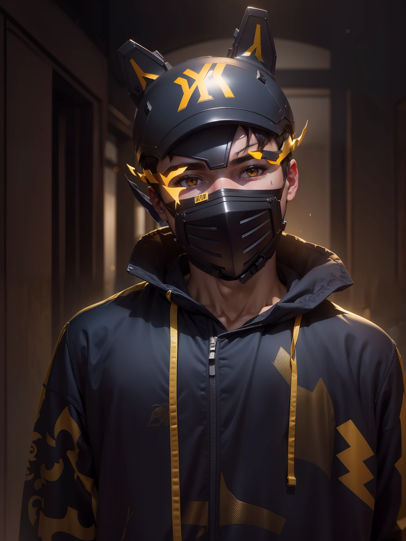 A boy wearing mask with little bit muscle, some yellow lighting in eyes