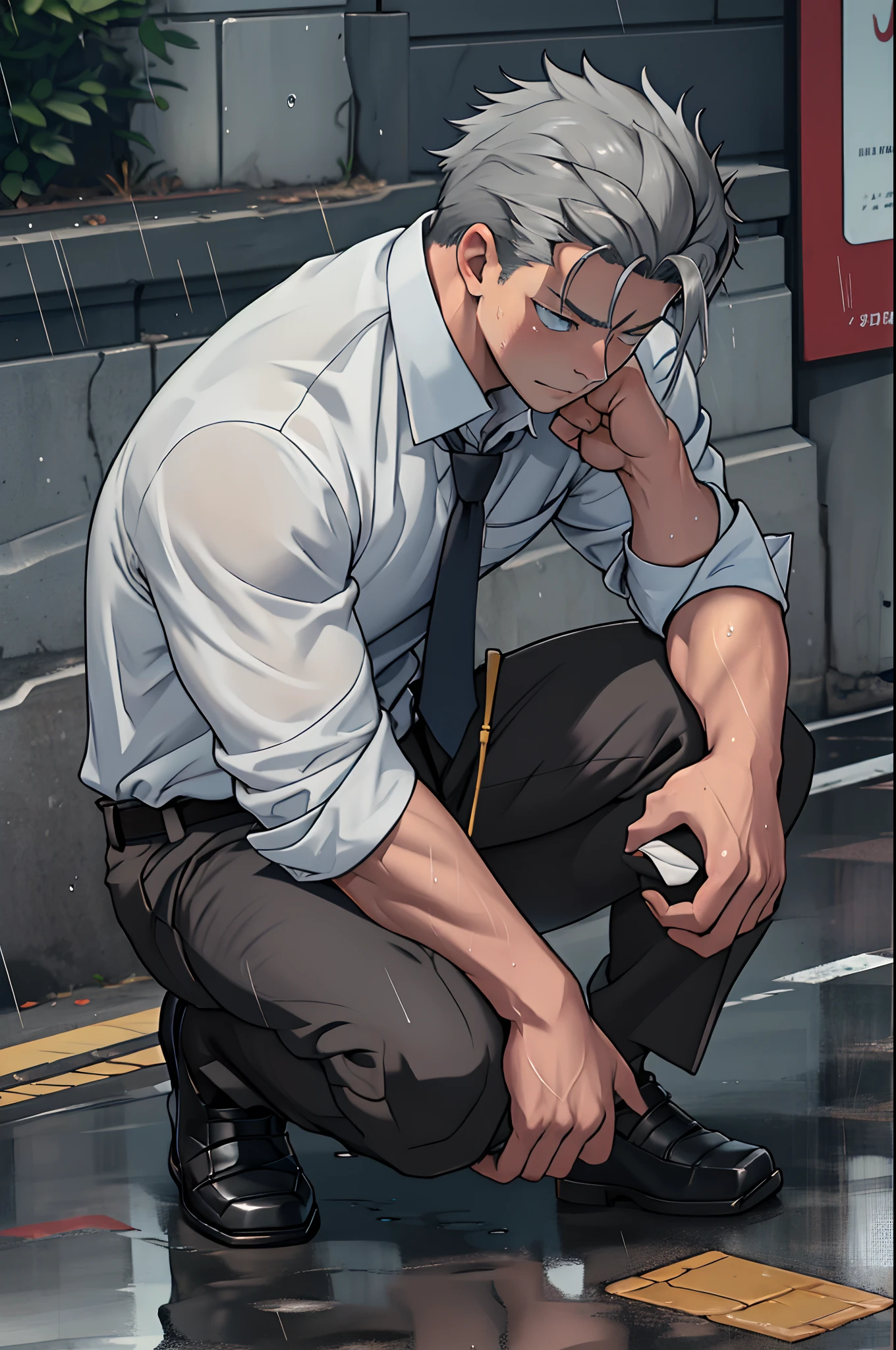 （1 Adult male），A high resolution， Sharp focus， Pixiv masterpiece， （（Complicated details））， highly  detailed， natsuki_subaru，Multi-view upper body，Suit trousers view， 1 man，is shy，Pee on the legs，pissing，Urine runs down the thighs，embarressed，exhilarated，is shocked，panicking，worry，A small puddle of their own urine forms around the feet，full bodyesbian，kneels on the ground，Very eager to pee，It's uncomfortable，Wet yourself，Urine discharge， Sweaty crotch，Drenched，rain，The shirt is soaked，（A gesture of pleading），blue color eyes（eyes glowing）， Short gray hair，white  shirt，Wear a tie，Wear a belt，Black suit trousers，perspire，look from down
