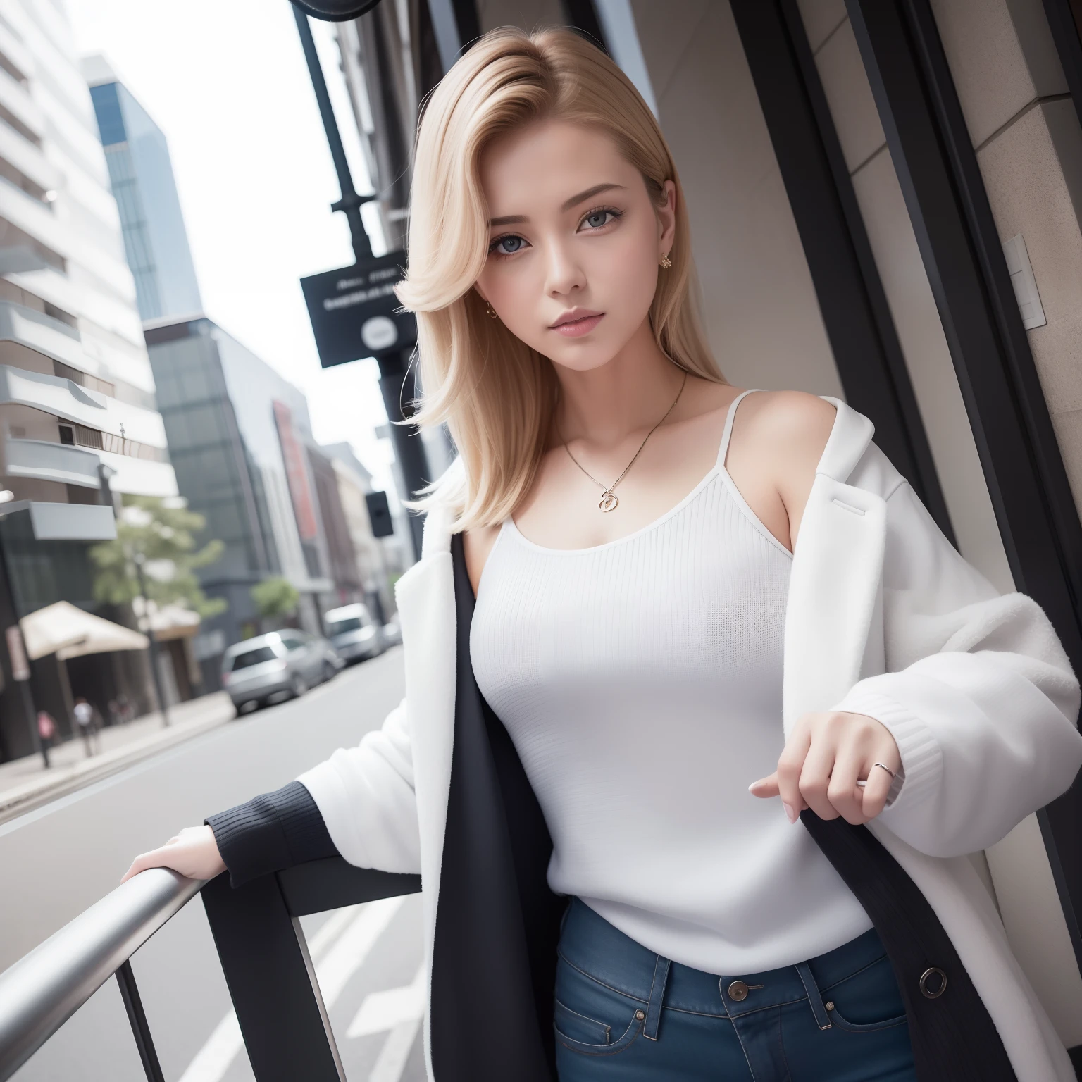 (photograph of-realistic:1.55),tmasterpiece,top-quality,detail-rich,femele,the city street,TFG1,White OL clothing