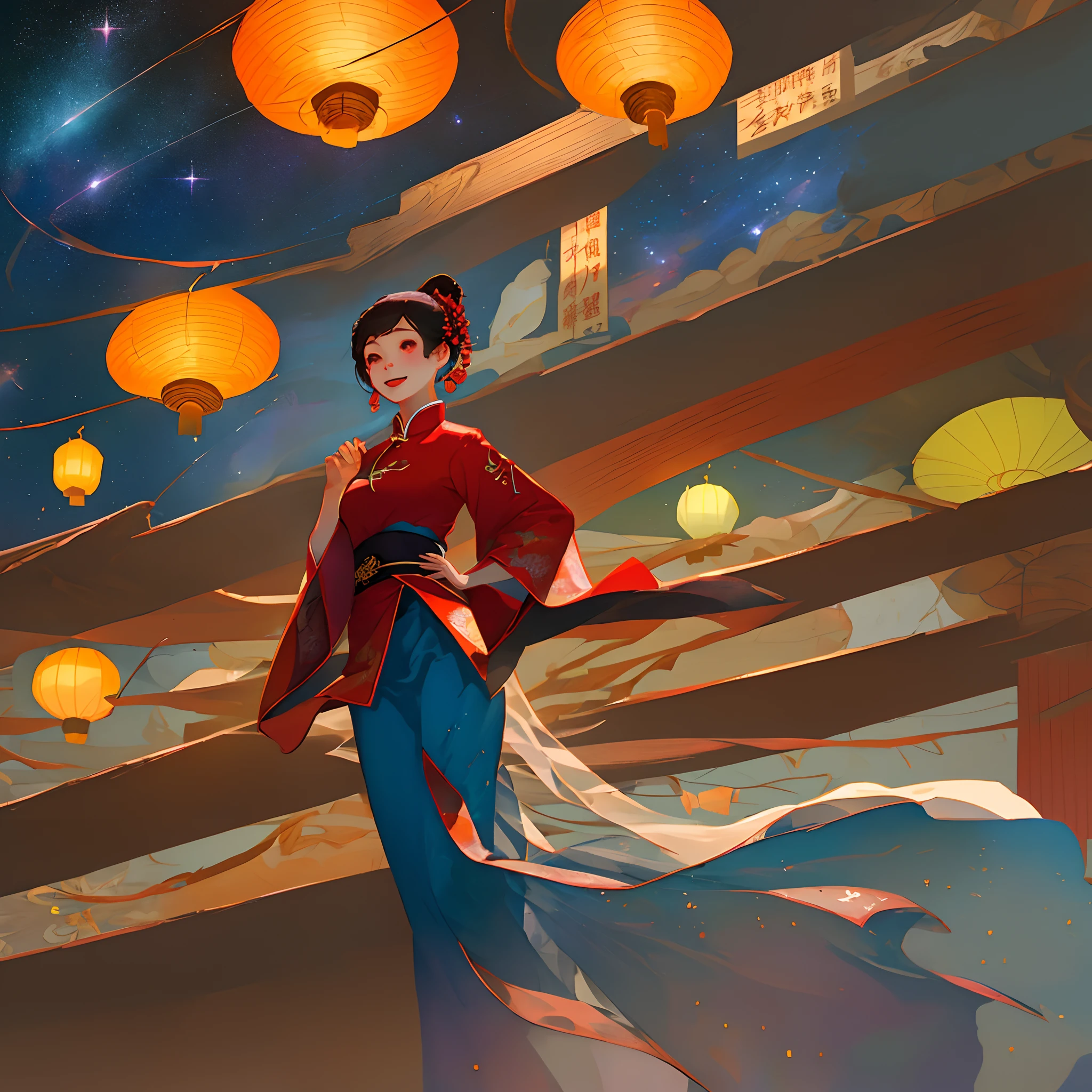 (tmasterpiece:1.2), (best qualtiy:1.3), starlit_astrologos, 1girll, chinese_clothes, night_sky, natta, Skysky, ssmile, lanterns, long_sleeves,wineglass