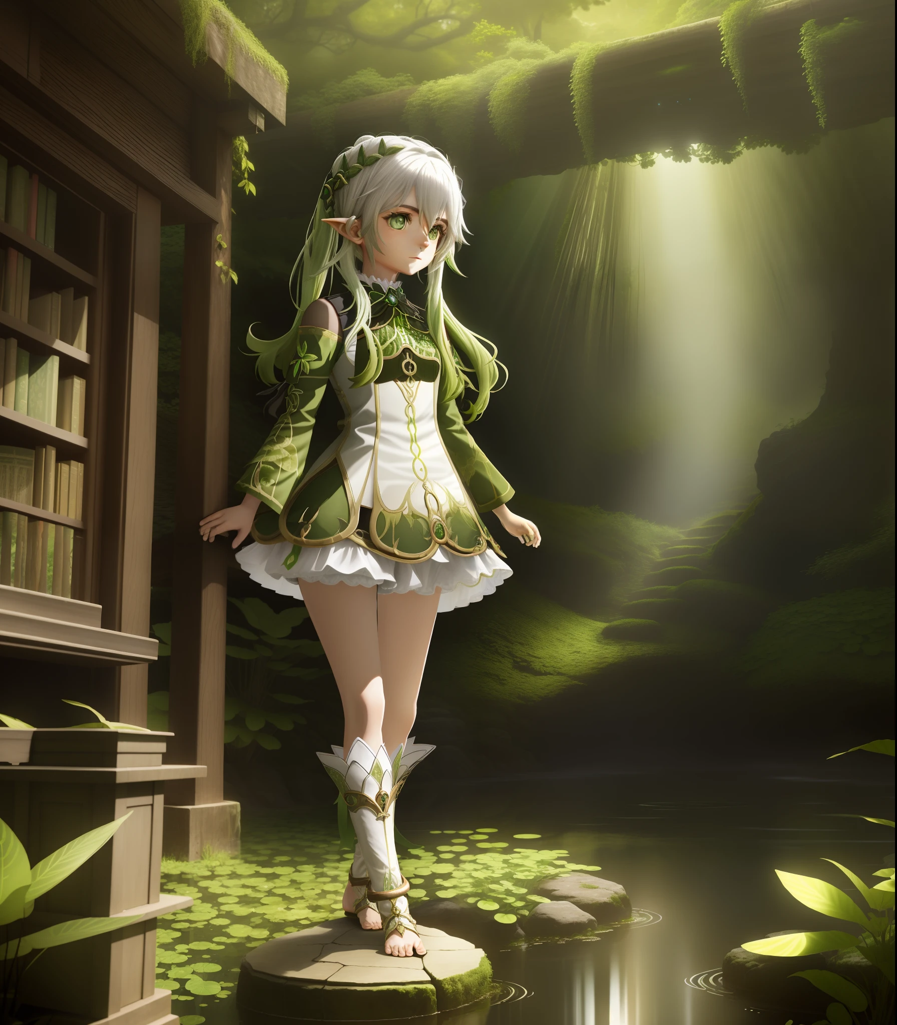 nahida_genshin，ln the forest，ponds，standing on your feet，adolable，Gentle scenery，bath，the night