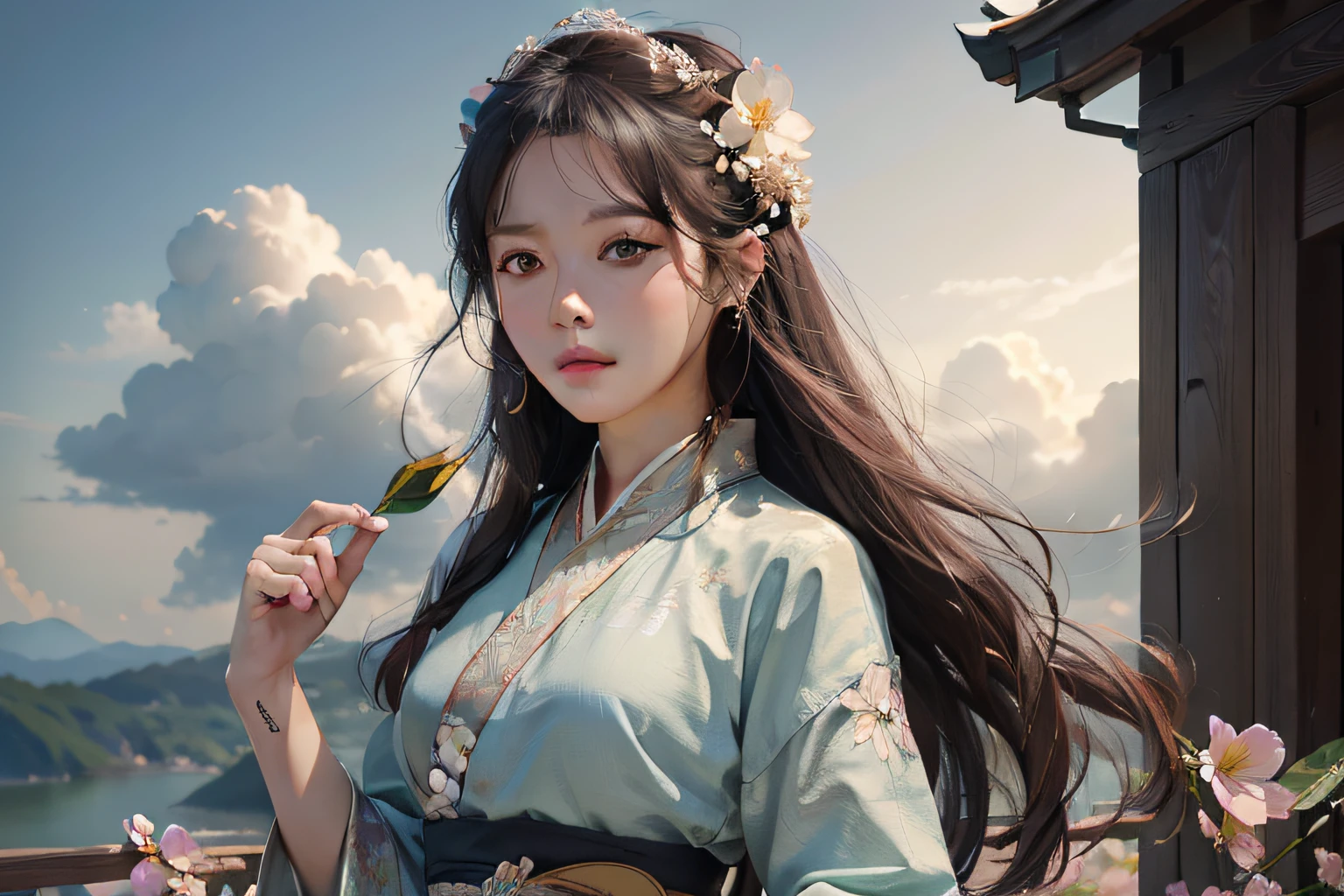 offcial art,Unity 8k wallpaper,Ultra detailed,Aesthetic,Masterpiece,Best quality. Photorealistic,Break,1gril,Solo,Waist up,Hanfu,(flower bloom:1.2) jewelry,ancient art,Chinese,Long_Hair,Cloud,Bessock,Break