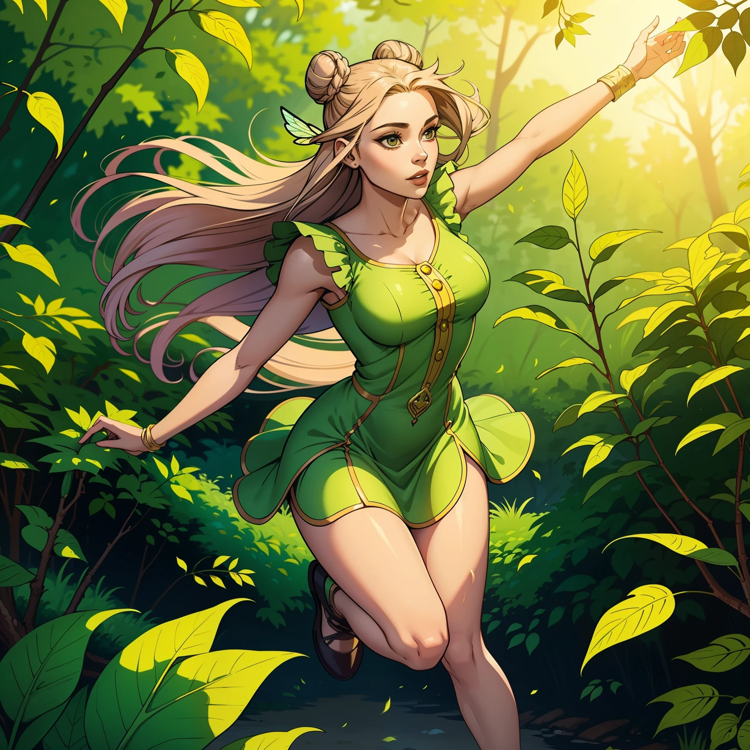 adult female fairy flying, beautiful face, adult face, long hair in bun, short dress, full body, among leaves, friendly atmosphere, high quality, detailed