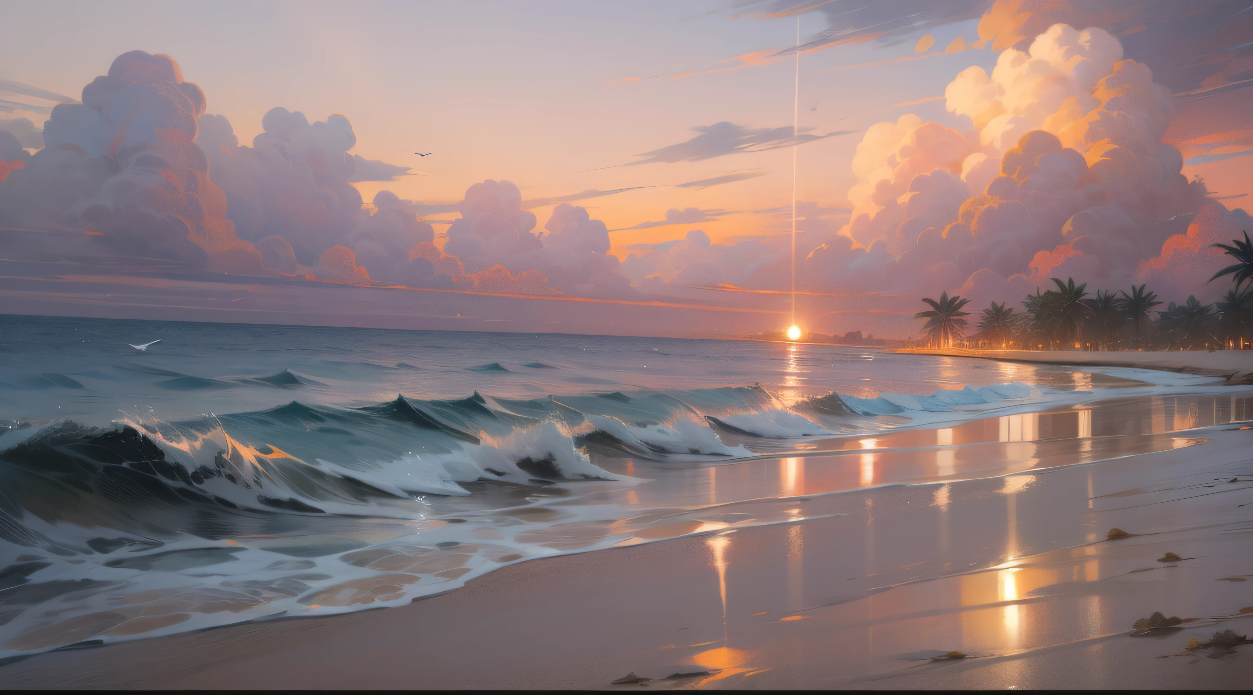 An absolutely mesmerizing sunset on the beach with a mix of orange, pink and yellow in the sky. The water is crystal clear, gently kissing the shore, and the white sand beach stretches as far as the eye can see. The scene is dynamic and breathtaking, with seagulls soaring high in the sky and palm trees gently swaying. Soak up the calm atmosphere and let the tranquility envelope.