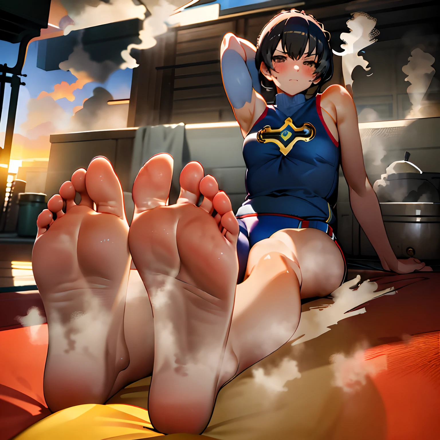 masterpiece, best quality, 1girl, sitting, feet up, soles, black hair, (steam:1.5), sweat, arms up, detailed armpits, (gym uniform, sunset), solo, blush, looking at viewer,