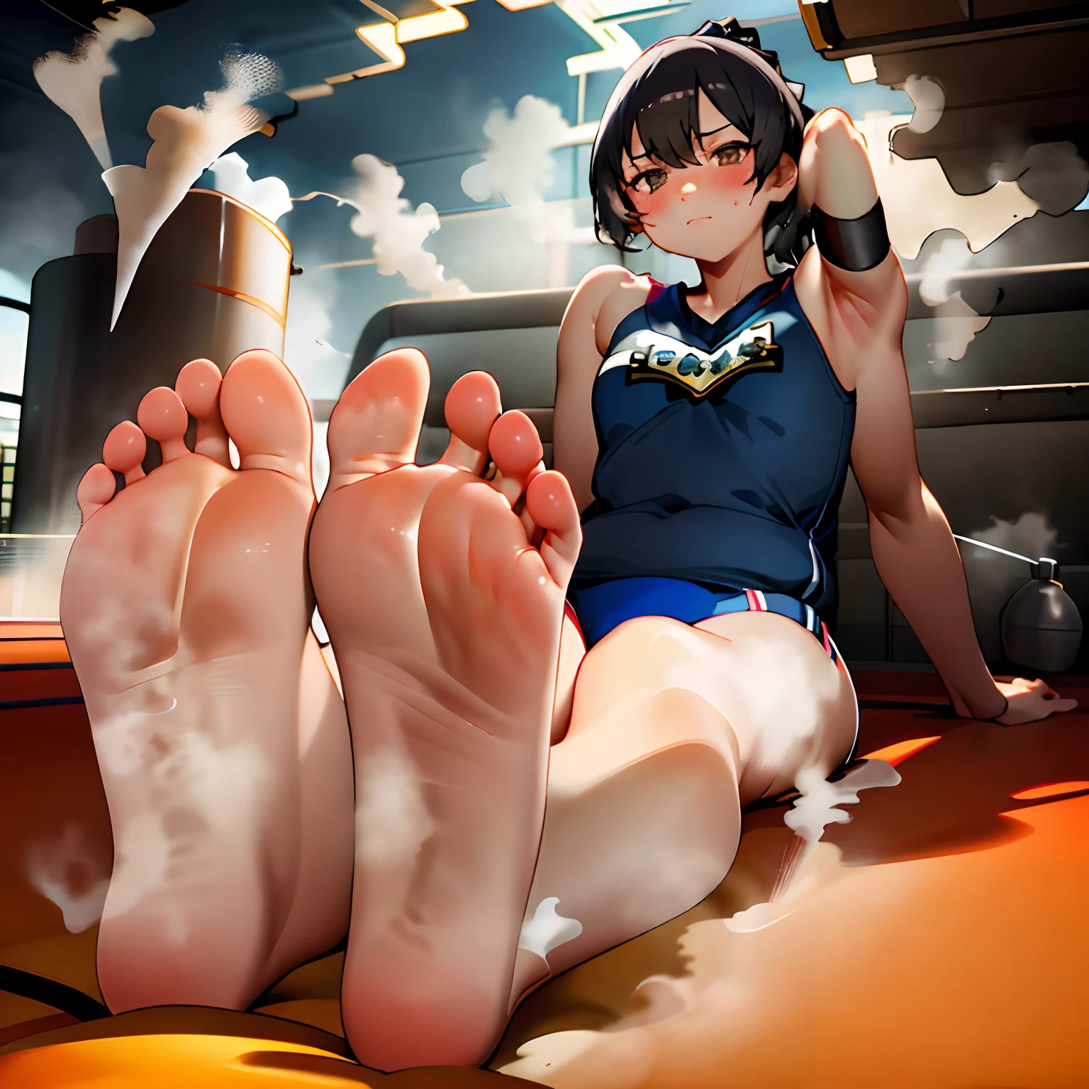masterpiece, best quality, 1girl, sitting, feet up, soles, black hair, (steam:1.5), sweat, arms up, detailed armpits, (gym uniform, sunset), solo, blush, looking at viewer,