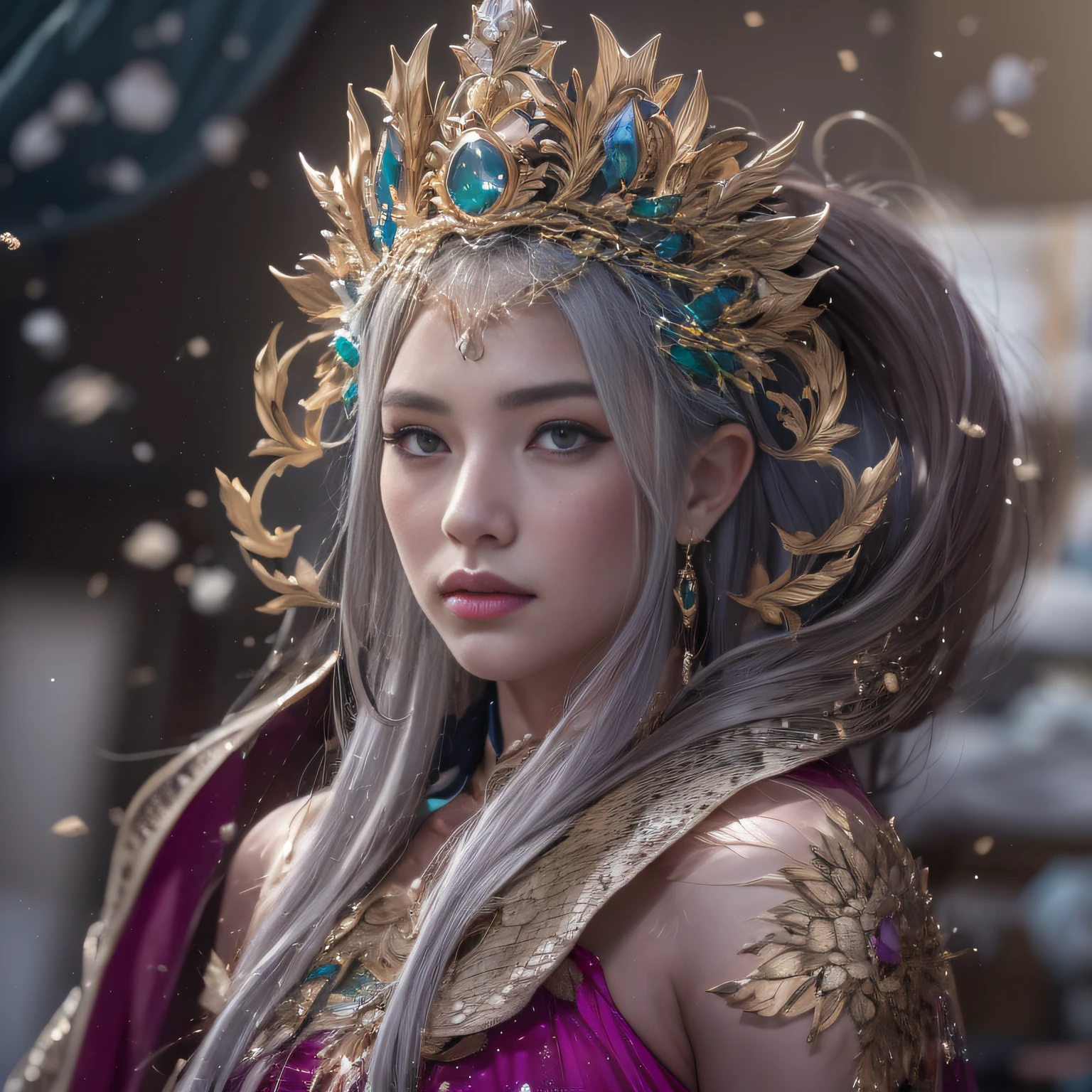 16k（tmasterpiece，k hd，hyper HD，16k）short detailed hair，Gold jewelry area in the back room，Smoke ring girl ，Bronze Dragon Protector （realisticlying：1.4），Python pattern robe，Purple-pink tiara，Snowflakes fluttering，The background is pure，Hold your head high，Be proud，The nostrils look at people， A high resolution， the detail， RAW photogr， Sharp Re， Nikon D850 Film Stock Photo by Jefferies Lee 4 Kodak Portra 400 Camera F1.6 shots, Rich colors, ultra-realistic vivid textures, Dramatic lighting, Unreal Engine Art Station Trend, cinestir 800，Hold your head high，Be proud，The nostrils look at people