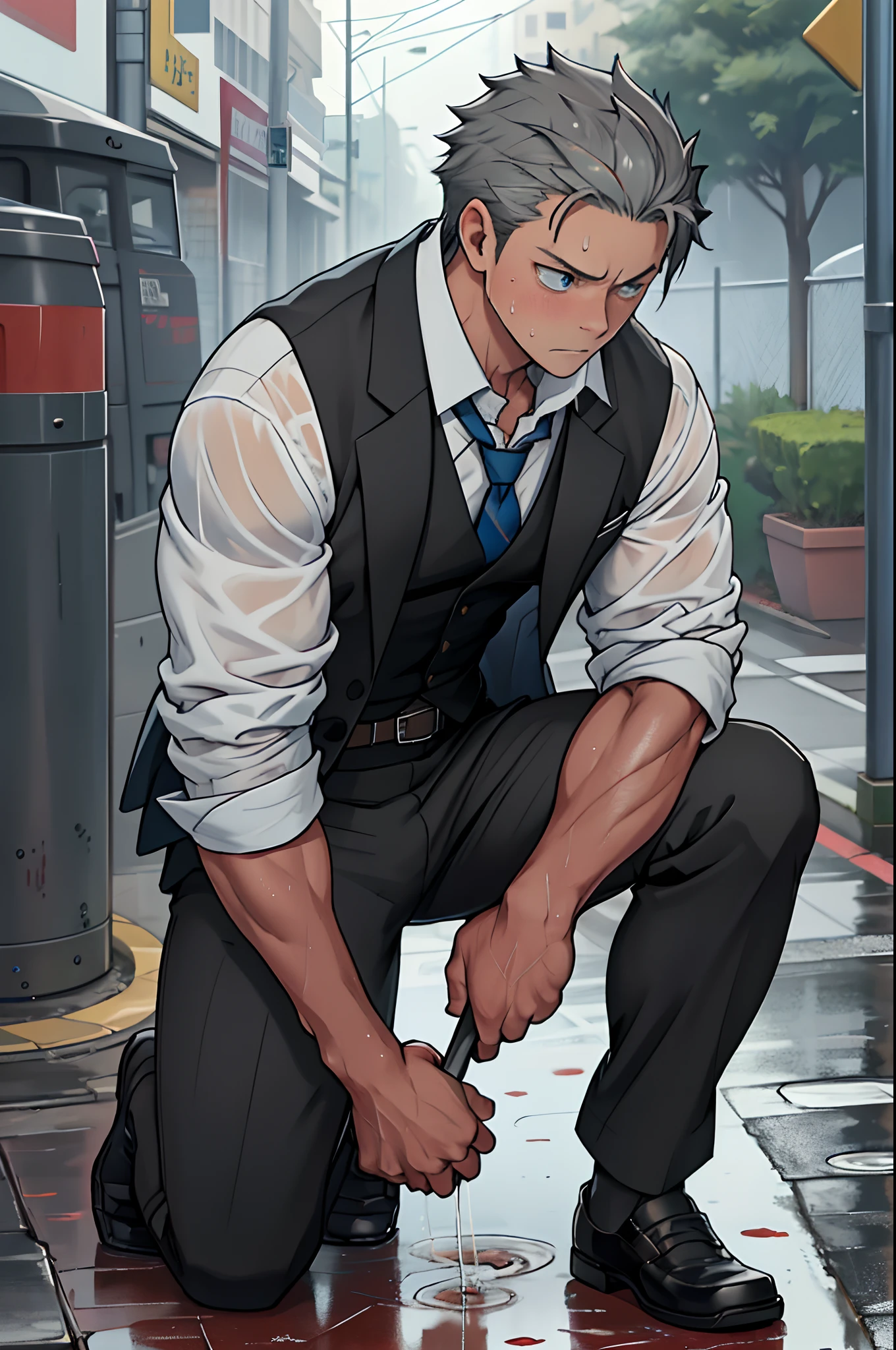 (1 Adult male),A high resolution, Sharp focus, Pixiv masterpiece, ((Complicated details)), highly detailed, natsuki_subaru,Multi-view upper body,Suit trousers view, 1 man,is shy,Pee on the legs,pissing,Urine runs down the thighs,embarressed,exhilarated,is shocked,panicking,worry,A small puddle of their own urine forms around the feet,full bodyesbian,kneels on the ground,Very eager to pee,It's uncomfortable,Wet yourself,Urine discharge, Sweaty crotch,Drenched,rain,The shirt is soaked,(A gesture of pleading),blue color eyes(eyes glowing), Short gray hair,white shirt,Wear a tie,Wear a belt,Black suit trousers,perspire,look from down