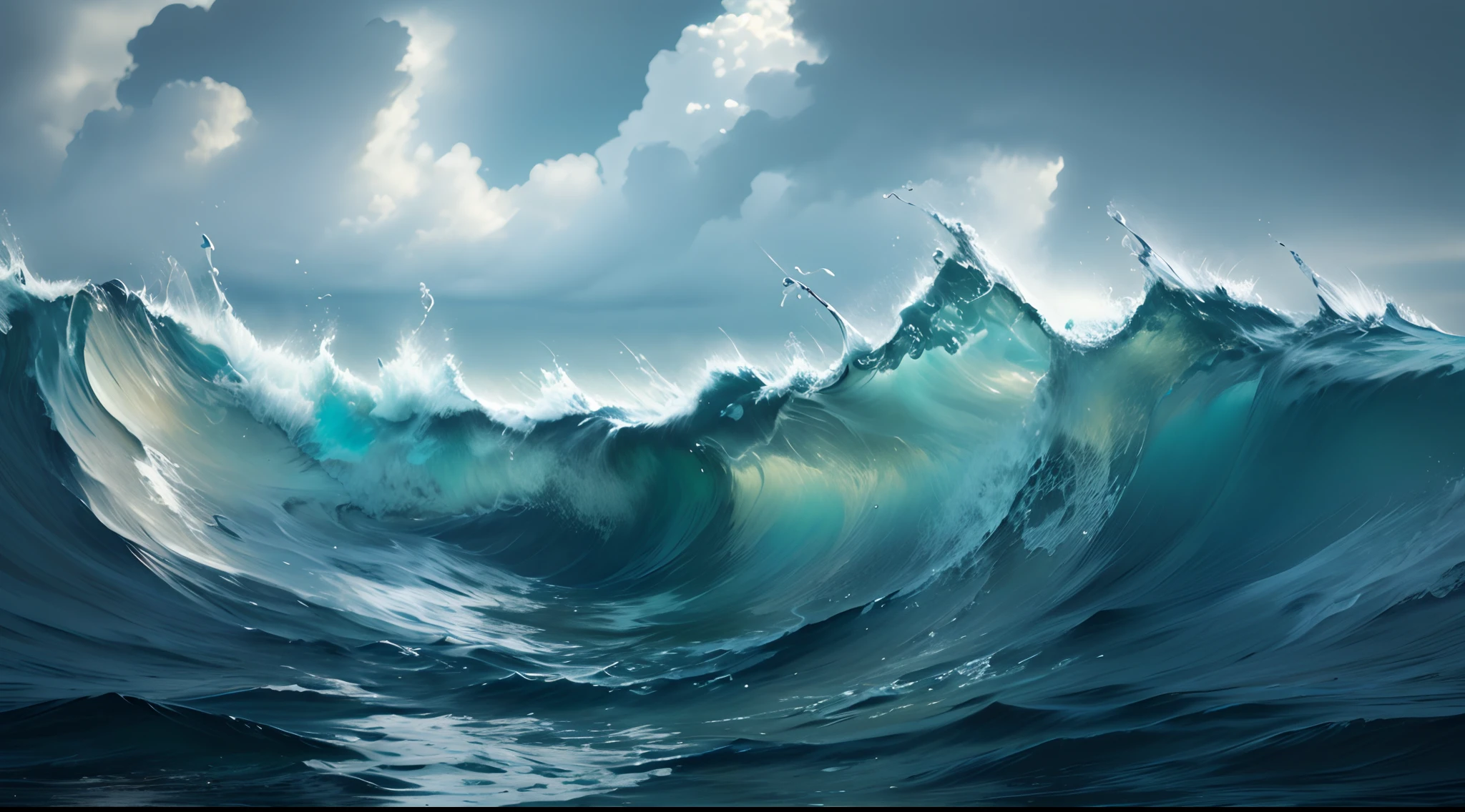 ocean waves that shaped like wings, the clouds shaped like waves, there's hail in the middle of the ocean, conceptual, hyperrealism, uhd, 8k, hasselblad, award-winning photography