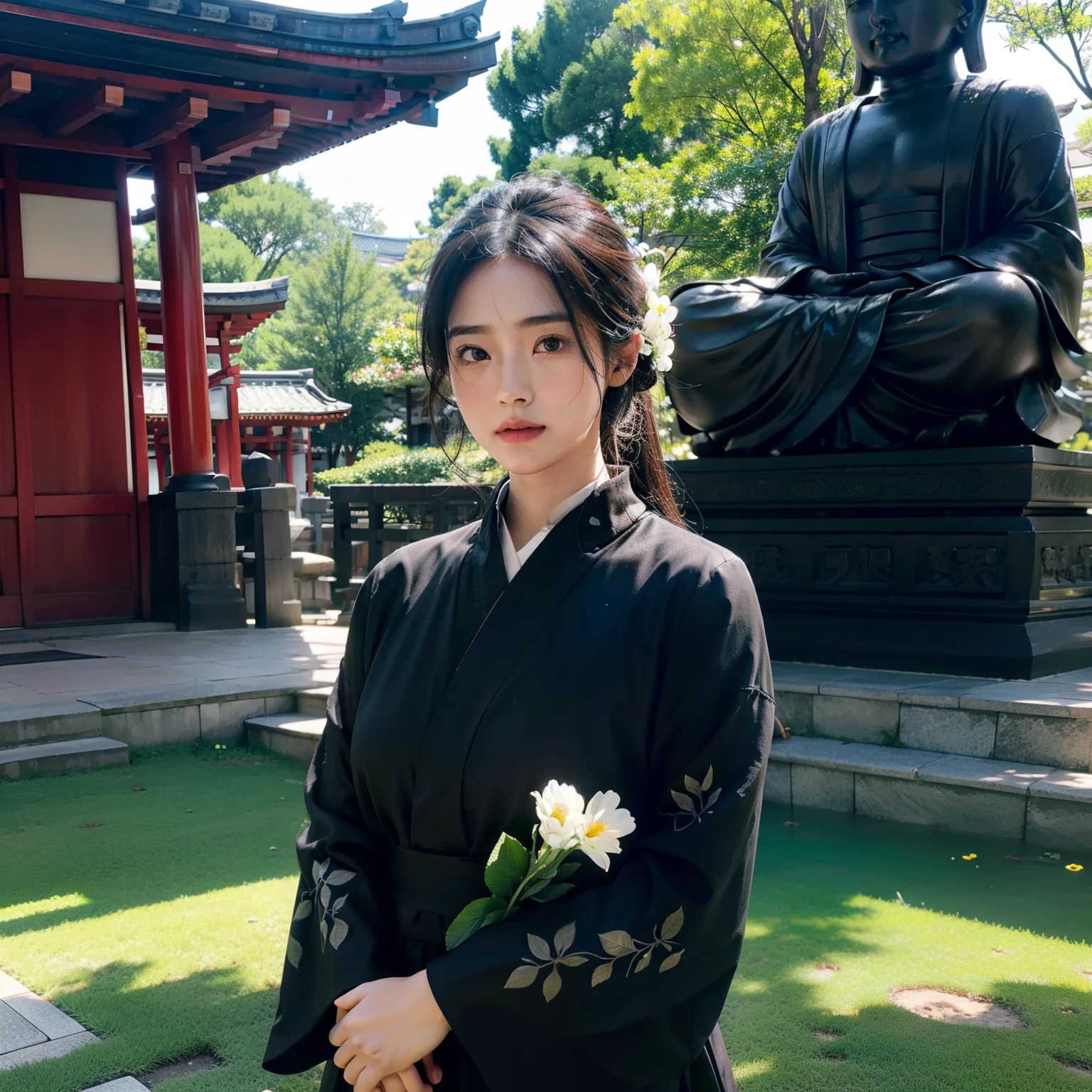 ((top-quality))、((masterpiece))、(ighly detailed:1.3)、HDR(HighDynamicRange)、Ray traching、nvidia RTX、Hyper-Resolution、Unreal 5、sub-surface Scattering、PBR Textures、post processed、Anisotropy Filtering、depth of fields、Maximum sharpness and sharpness、 multi-layer texture、Albedo and specular mapping、Surface Shading、Accurate simulation of light-material interactions、Perfect Ratios、octane renderings、Duotone lighting、Low ISO、White Balance、thirds rule、Large aperture、8K RAW、high efficiency sub-pixel、sub-pixel convolution、Luminescent particles、light scattering、Tindall Effect、one beautiful women、Sad face、Crying face、tears、Beautiful facial features、Eyes are double、Worship at a temple in Japan、Bright sunshine、Mourning、Black clothe、Scenery with a Japanese atmosphere、temple、Large Buddha statue、Thin eyebrows、flower bouquet、
