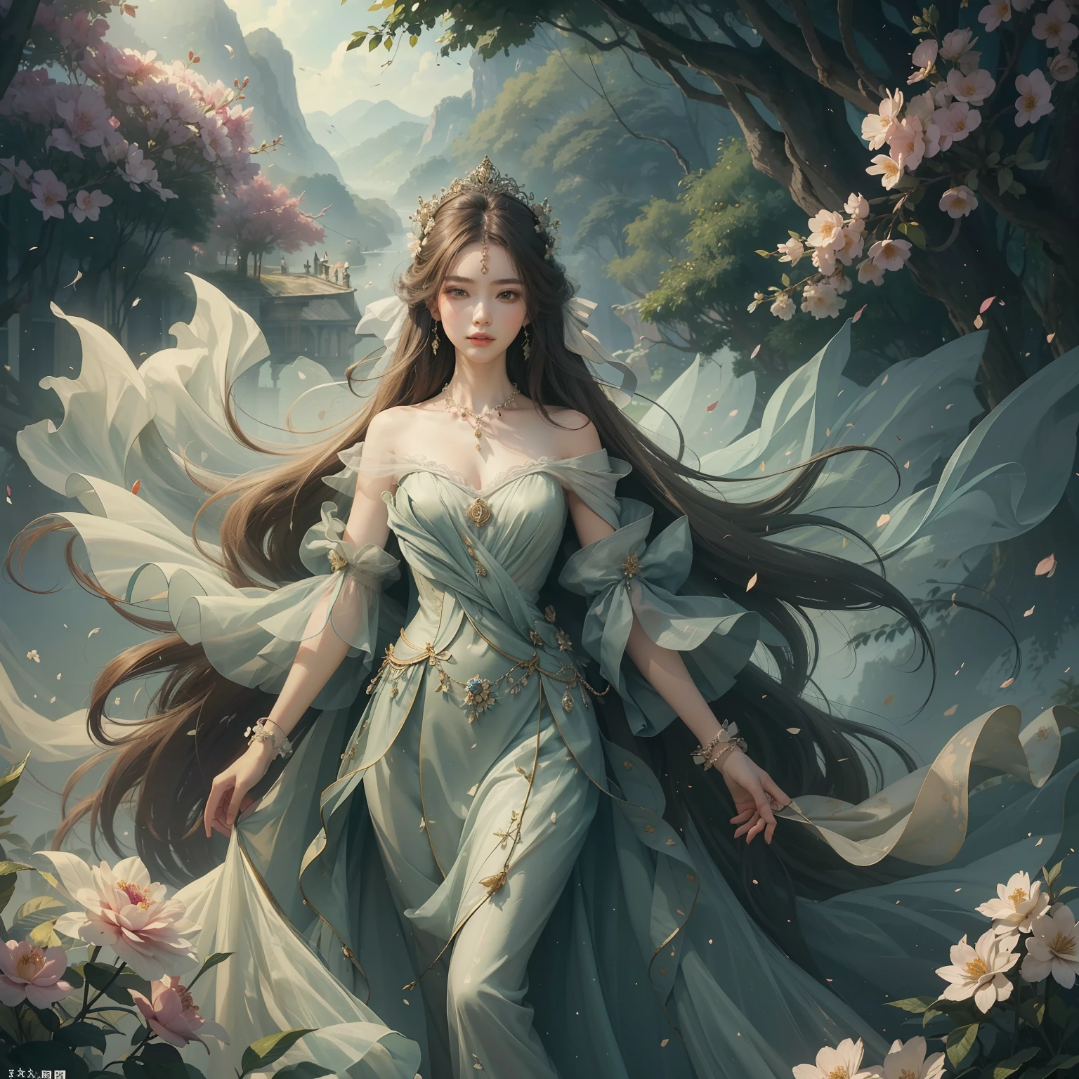 "High-quality work at the level of a masterpiece，Fair skin and beautiful appearance，Elegant long legs，Dressed in aristocratic attire，Pair it with beautiful jewelry，Tulle lightweight fabric，Blooming flowers，surrounded by lush green trees，Amazing fruits and amazing scenery。”