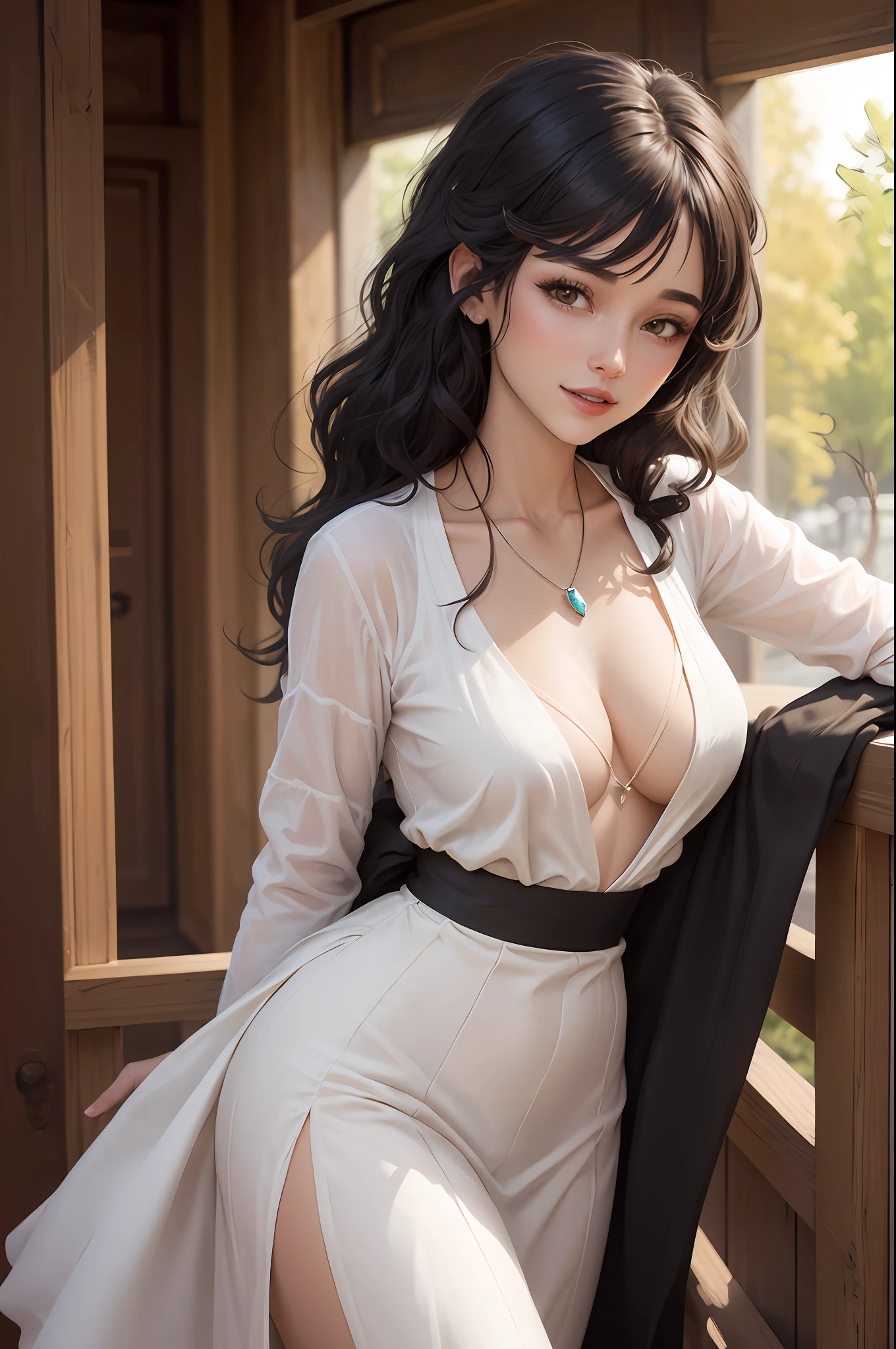 cabelos preto e longos,Beautuful Women,blacksilk,Gem Necklace,white dresses,D-cups,ssmile