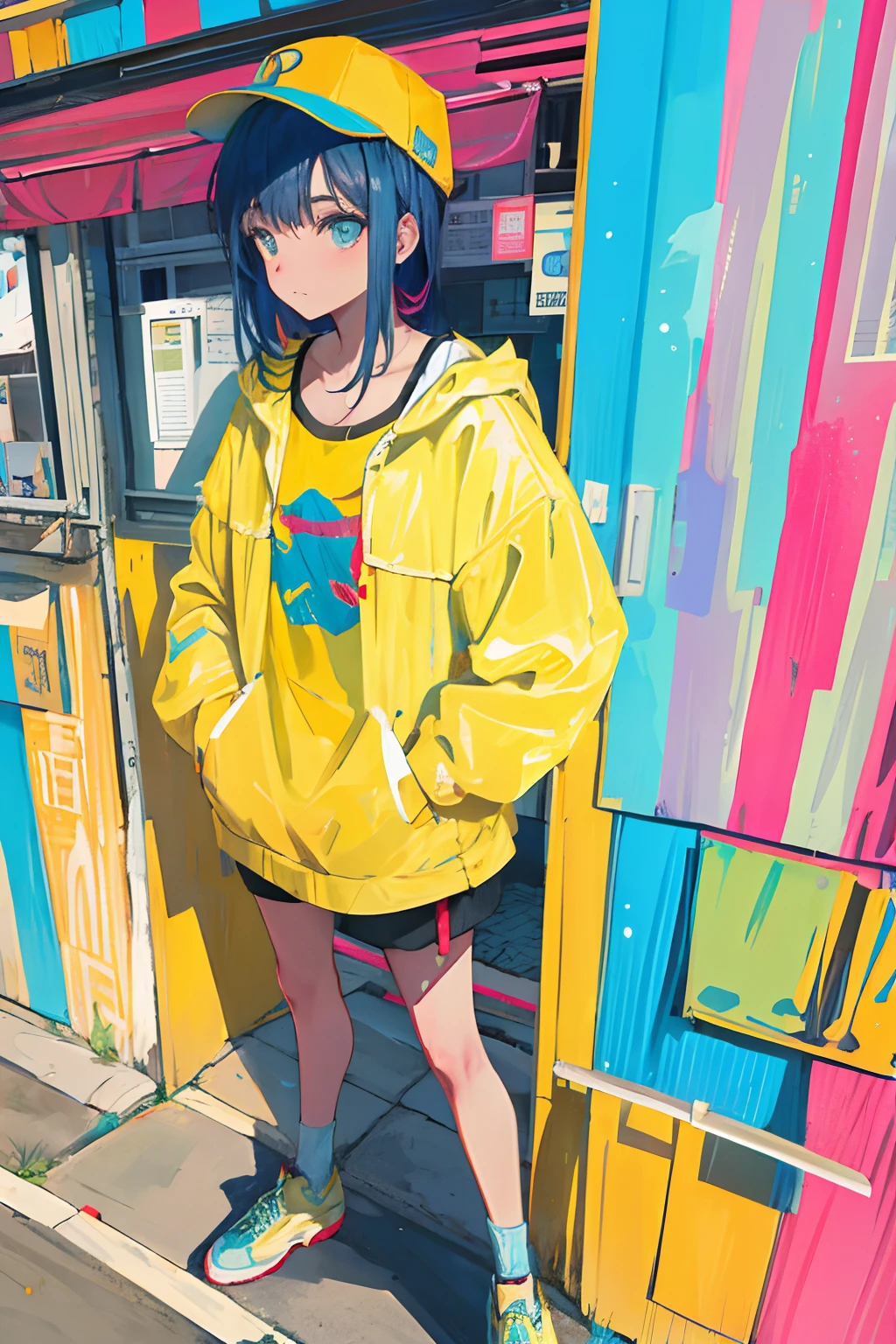 melhor qualidade, papel de parede 4K, obra-prima, extremamente detalhado CG unidade de papel de parede 8k, olhos extremamente detalhados, ultra-detalhado, detalhes intrincados, 1girl, estilo de arte retro, estilo de arte neon_pop, Public, ao ar livre, sinal de estrada, cidade, hands in a pocket