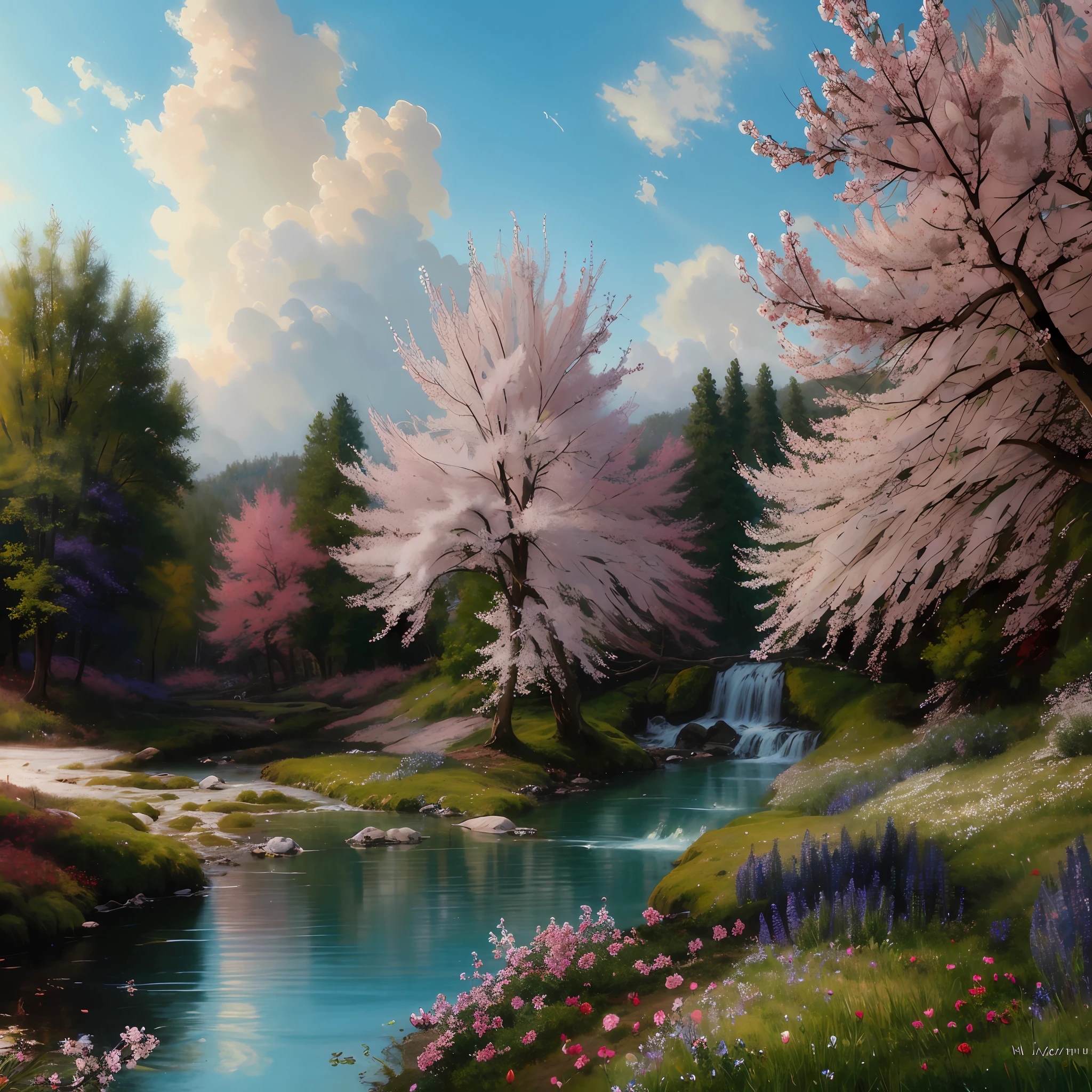 Painting of a stream running through a green forest filled with flowers, Paysage paisible, Bel art UHD 4 K, Cherry blossom forest, paysage heureux, un beau paysage, dans un paysage serein, Breathtaking masterpiece of art, Dream landscape art, beautiful digital painting, Dream landscape, Spring evening, Paysage serein, Very nice digital art, RHADS et Thomas Kinkade