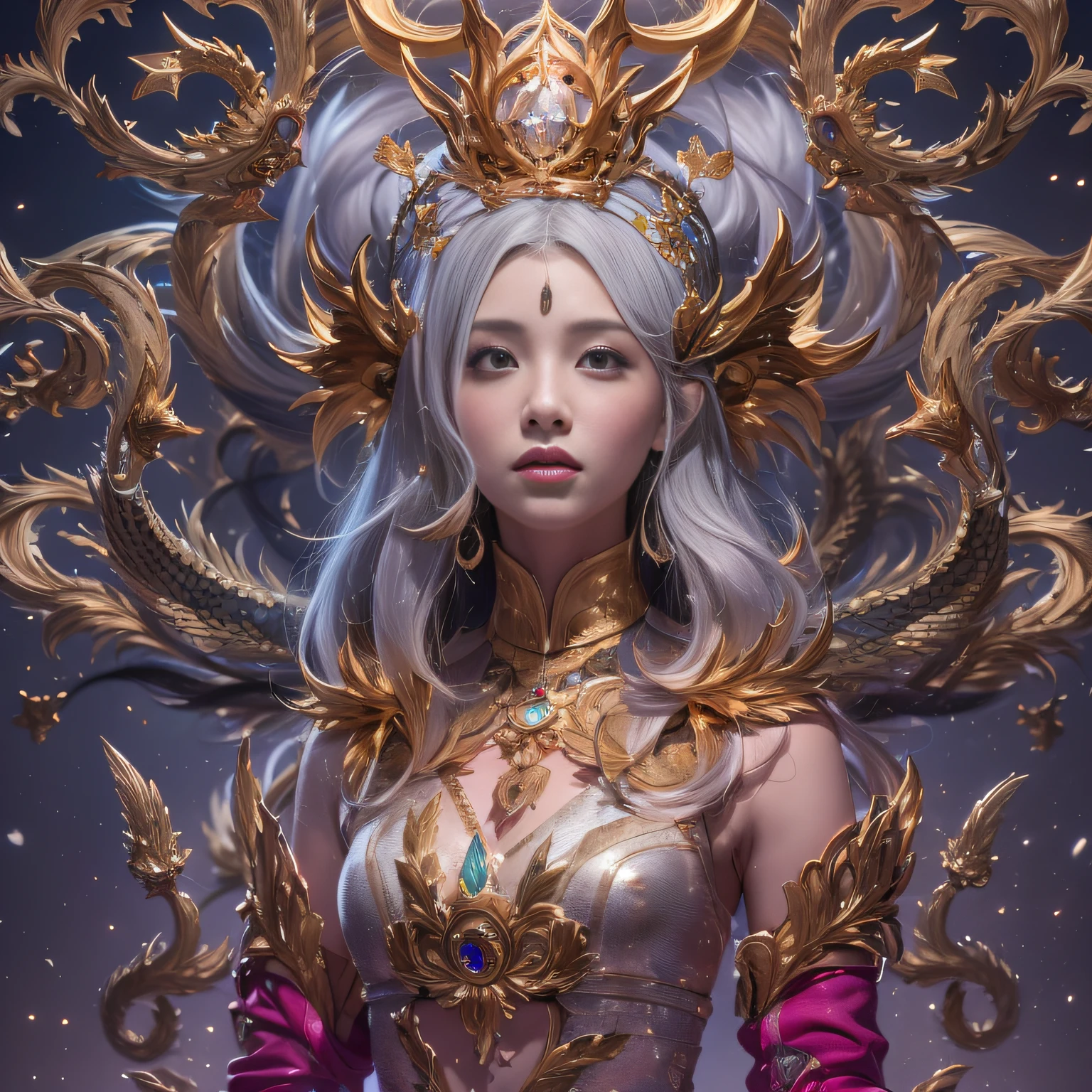 16k(tmasterpiece,k hd,hyper HD,16k)short detailed hair,Gold jewelry area in the back room,Smoke ring girl ,Bronze Dragon Protector (realisticlying:1.4),Python pattern robe,Purple-pink tiara,Snowflakes fluttering,The background is pure,Hold your head high,Be proud,The nostrils look at people, A high resolution, the detail, RAW photogr, Sharp Re, Nikon D850 Film Stock Photo by Jefferies Lee 4 Kodak Portra 400 Camera F1.6 shots, Rich colors, ultra-realistic vivid textures, Dramatic lighting, Unreal Engine Art Station Trend, cinestir 800,Hold your head high,Be proud,The nostrils look at people