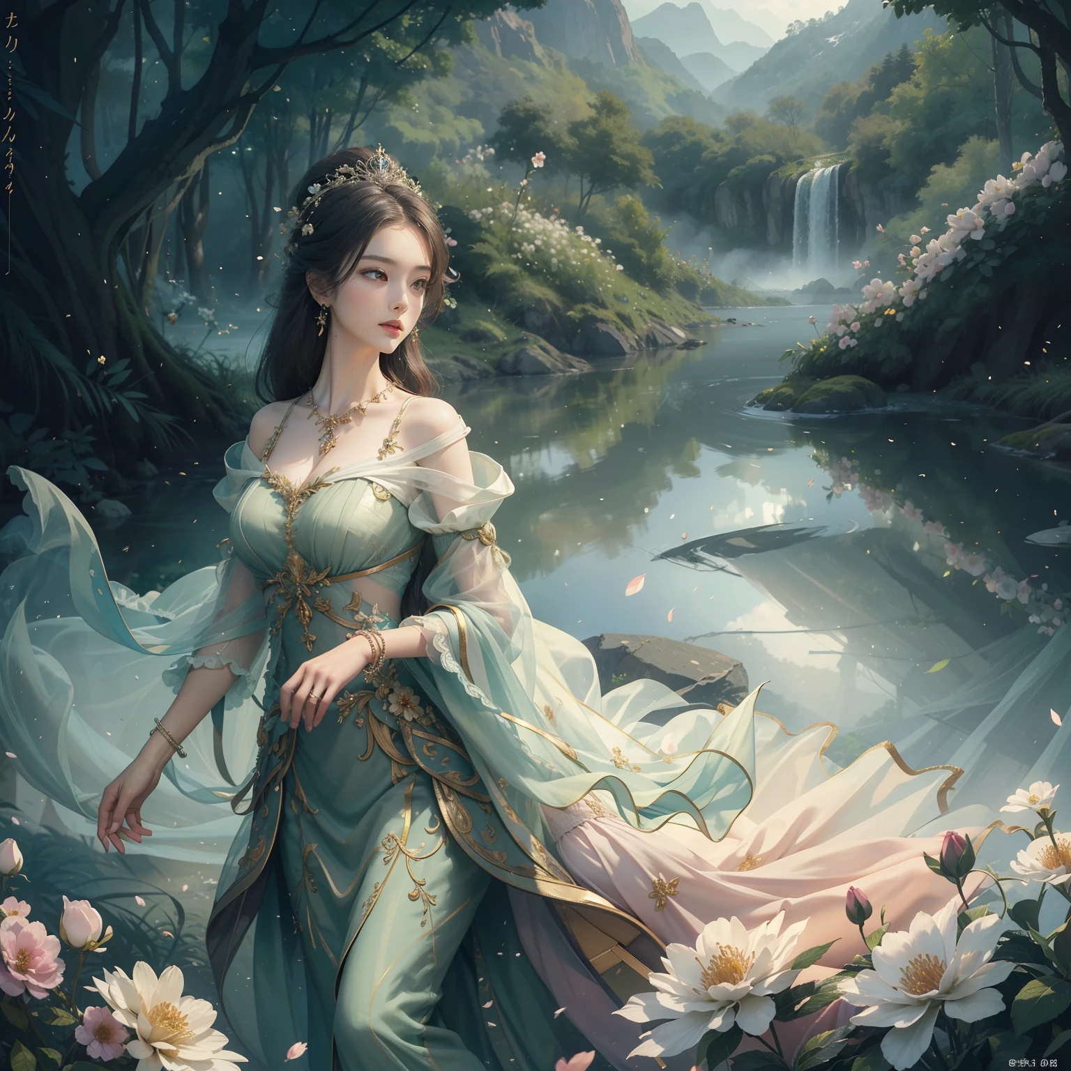 "High-quality work at the level of a masterpiece,Fair skin and beautiful appearance,Elegant long legs,Dressed in aristocratic attire,Pair it with beautiful jewelry,Tulle lightweight fabric,Blooming flowers,surrounded by lush green trees,Amazing fruits and amazing scenery。”