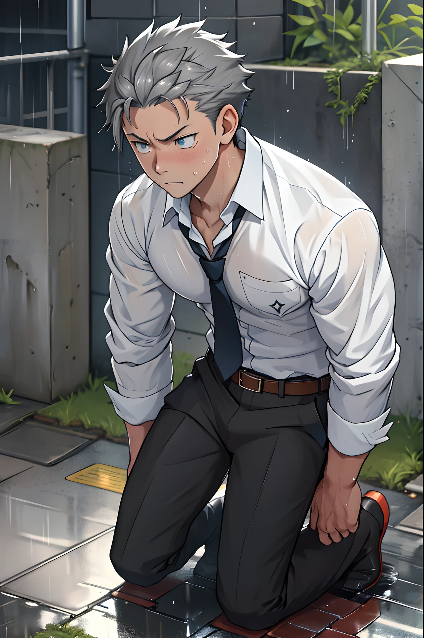 (1 Adult male),A high resolution, Sharp focus, Pixiv masterpiece, ((Complicated details)), highly detailed, natsuki_subaru,Multi-view upper body,Suit trousers view, 1 man,is shy,Pee on the legs,pissing,Urine runs down the thighs,embarressed,exhilarated,is shocked,panicking,worry,A small puddle of their own urine forms around the feet,full bodyesbian,kneels on the ground,Very eager to pee,It's uncomfortable,Wet yourself,Urine discharge, Sweaty crotch,Drenched,rain,The shirt is soaked,(A gesture of pleading),blue color eyes(eyes glowing), Short gray hair,white shirt,Wear a tie,Wear a belt,Black suit trousers,perspire,look from down