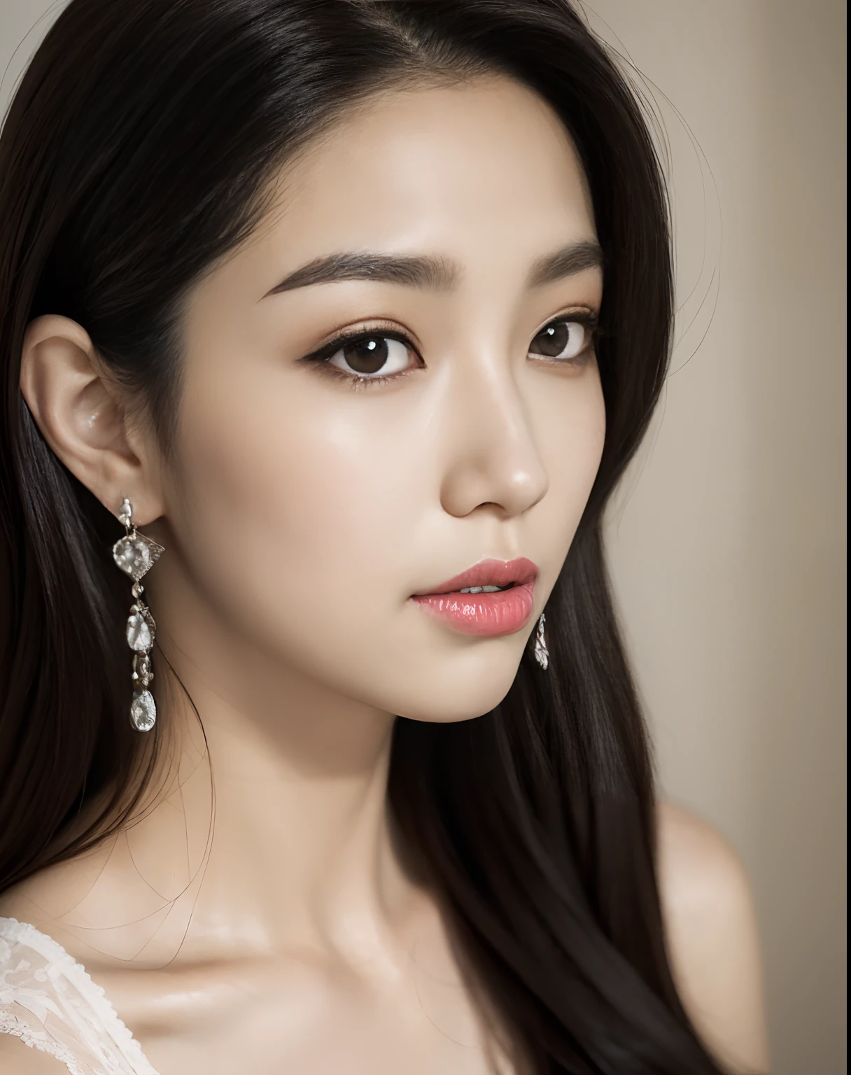 Portrait of an attractive Korean female in her 20s, long black hair, bright eyes, white lace bralette, chandelier earrings, huge size. (8K, Best Quality : 1.2), (Masterpiece, Photorealistic : 1.3), Super Detail, anatomically correct