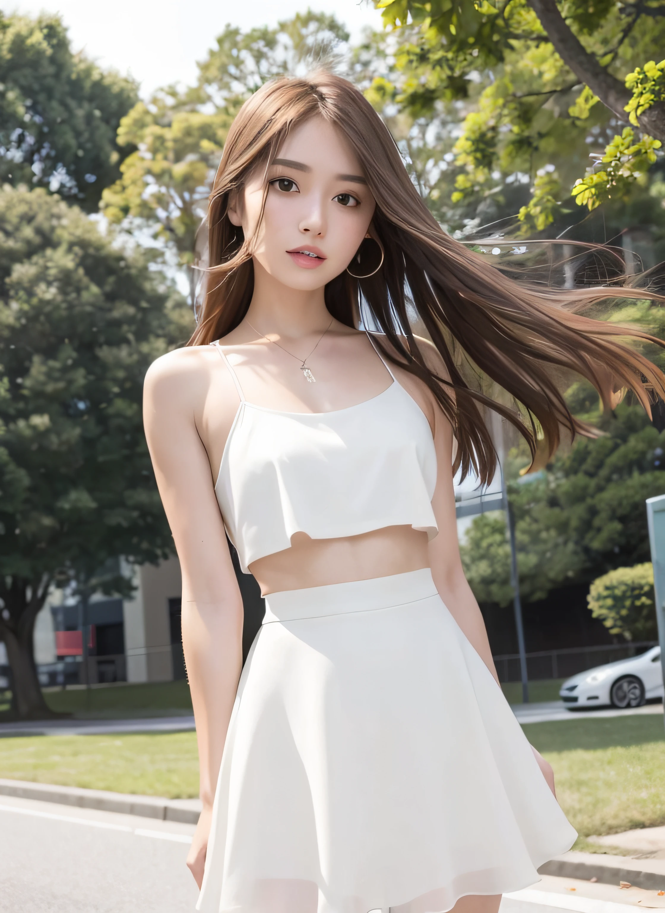 16k， RAW photos， top-quality， tmasterpiece： 1.2， realisticlying， realisticlying： 1.37， one-girl， adolable， Green parks， The background is blurred out， natural soft light， photon maping， Radio City， physically-based renderingt， gradient brunette hair， short and wavy hair， handsome， teens girl， White ball set， Excellent image quality， A high resolution， 1080p， Clear face， detailed face description，Detailed hand description，exquisite CG，extreme light and shadows，messy  hair， rich details​，exquisite facial features，Best image quality，The attention to detail，Looking forward to your eyes，Delicate collarbones，shiny skins，Superskirt，thongs，A miniskirt blown up by the wind，entire body image，