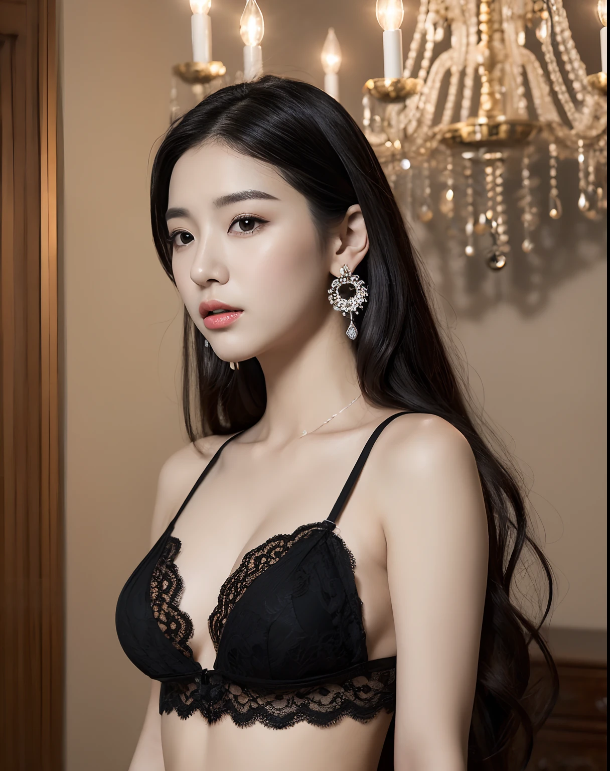 Portrait of an attractive Korean female in her 20s, long black hair, bright eyes, white lace bralette, chandelier earrings, huge size. (8K, Best Quality : 1.2), (Masterpiece, Photorealistic : 1.3), Super Detail, anatomically correct