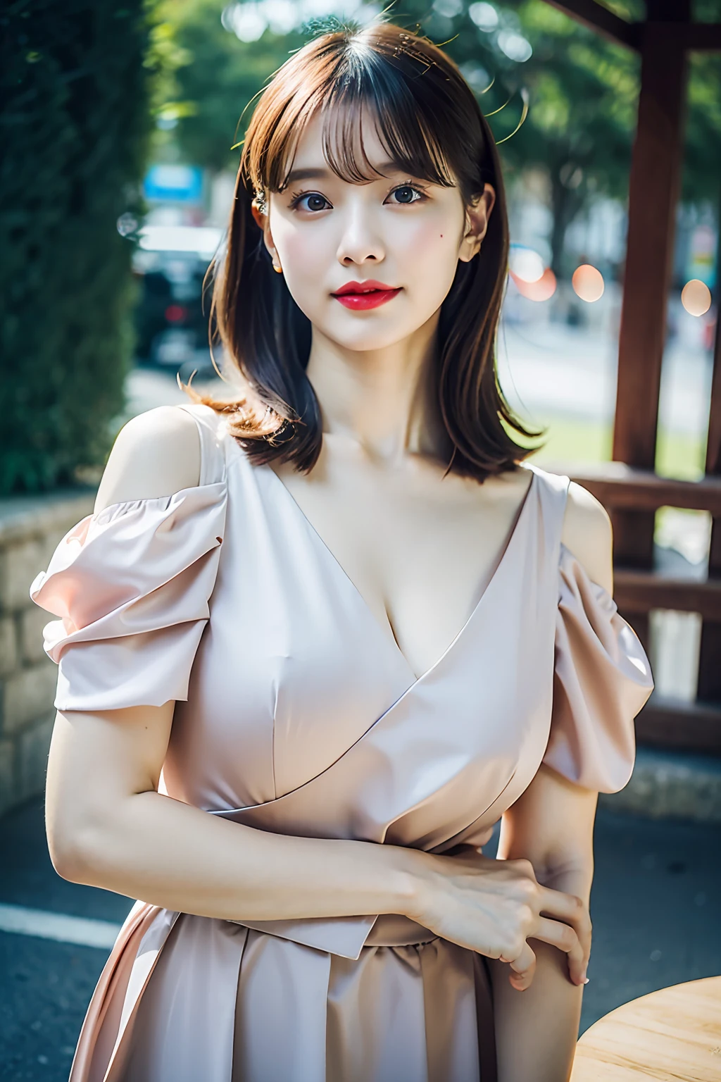 best quality ,masterpiece,ultra high res,(photo realistic:1.4), 1 girl, looking at viewer, Wearing dress with drape, korean famous actress, very beautiful,kawaii, Cinematic, 35mm lens, f/ 1. 8, accent lighting, 8k, in Japan, huge breast, big tits, slender waist,