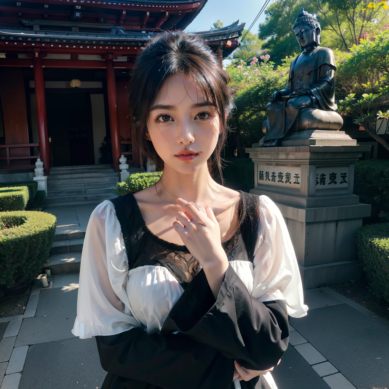 ((top-quality))、((masterpiece))、(ighly detailed:1.3)、HDR(HighDynamicRange)、Ray traching、nvidia RTX、Hyper-Resolution、Unreal 5、sub-surface Scattering、PBR Textures、post processed、Anisotropy Filtering、depth of fields、Maximum sharpness and sharpness、 multi-layer texture、Albedo and specular mapping、Surface Shading、Accurate simulation of light-material interactions、Perfect Ratios、octane renderings、Duotone lighting、Low ISO、White Balance、thirds rule、Large aperture、8K RAW、high efficiency sub-pixel、sub-pixel convolution、Luminescent particles、light scattering、Tindall Effect、one beautiful women、Sad face、Crying face、tears、Beautiful facial features、Eyes are double、Worship at a temple in Japan、Bright sunshine、Mourning、Black clothe、Scenery with a Japanese atmosphere、temple、Large Buddha statue、Thin eyebrows、flower bouquet、