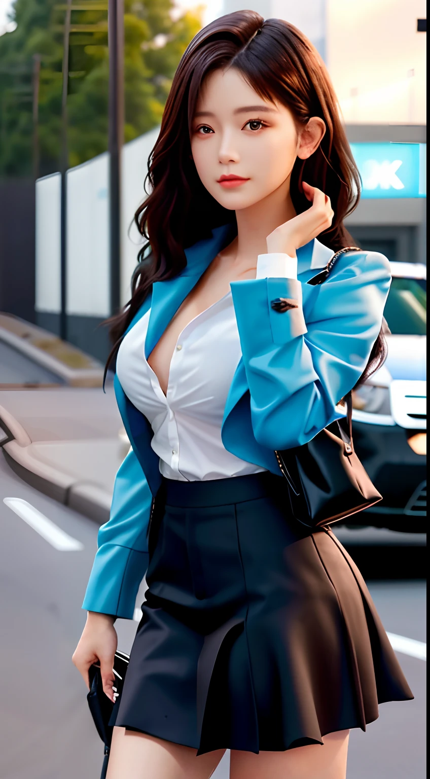 best qualtiy, tmasterpiece, 1girll, beauitful face, (photograph realistic:1.3), edge lit, (highdetailskin:1.2), 8K UHD, digital SLR camera, high high quality, A high resolution, 4k, 8k, bokeh, absurderes, Optimal proportions of four fingers and one thumb, (realisticlying:1.3), Cute 1girl, Wearing a black formal blazer, mediuml breasts, short skirt,Long legs,