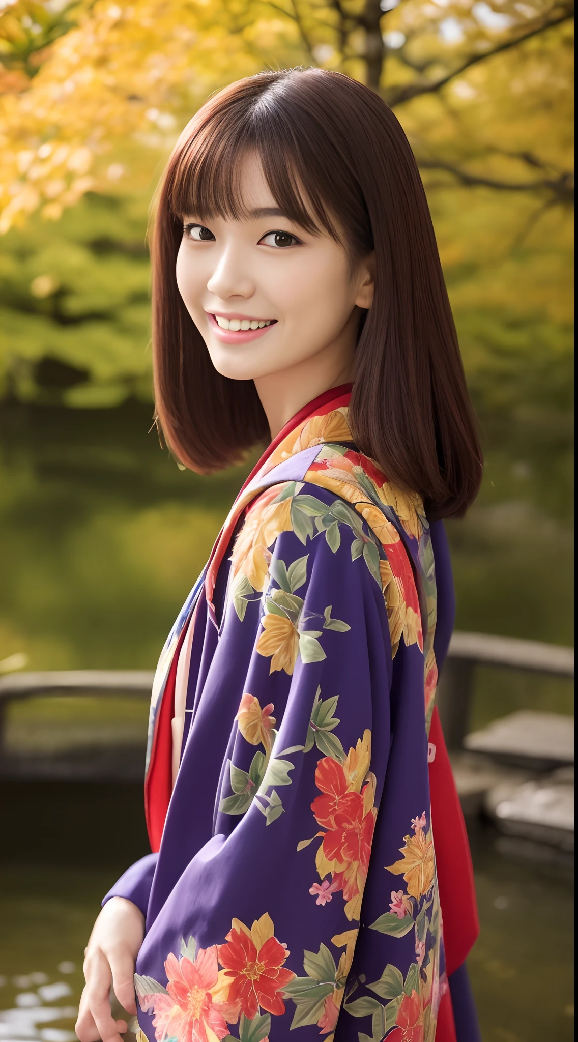8k super-resolution、Beautuful Women、One lady、dark brown hair:1.1、hyperdetailed face、Detailed lips、significant、(Eyes are in focus)、二重まぶた、Eyes of the Princess、 beautfull Japanease woman、Beautiful Japan Lady、 sensual lip、Bewitching body、Bust Size 82、8 class large、Standing in a stimulating pose facing the front with a natural body and good balance between the left and right sides、in her 20s、(20yr old)、Perspective、Lovely smile, Detailed Japan kimono kimono with floral pattern red-yellow-purple-wear、Hair fluttering in the wind、significant(Detailed hand count and shape)、Sharp Images、Detailed eye shine、In the background of the detailed back Japan there is a pond in the garden and you can see Nishikigoi.、Farbe々Hairstyle、Detailed autumn maple leaves are red、She has a nice obi、