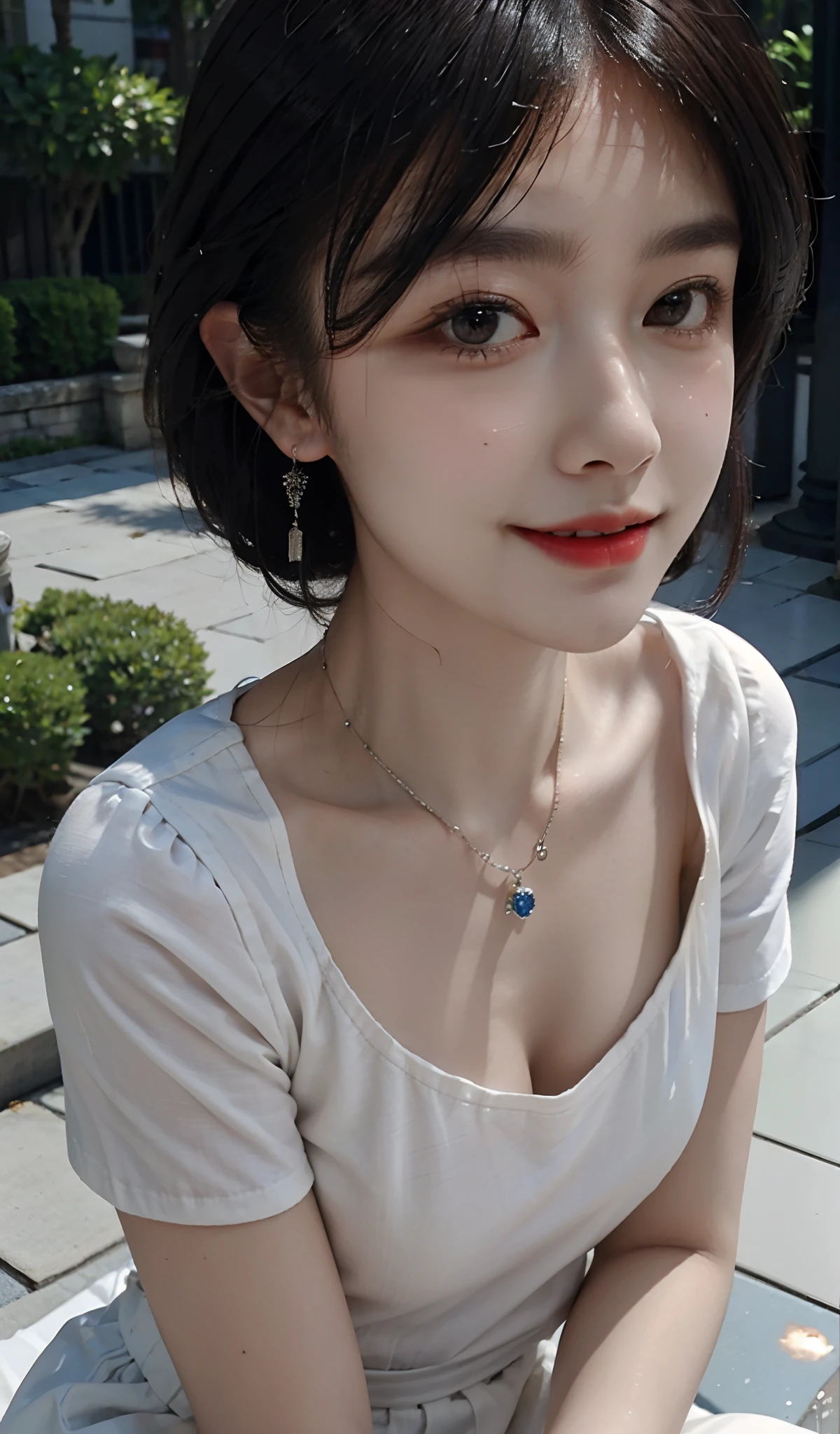 Girl posing for photo in white short sleeves and tight denim skirt, full body, with cropped T-shirt, slim body, smaller bust, slim girl model, 24-year-old female model, 8k resolution, super high resolution, best picture quality, beautiful girl, moist lips, peerless beauty, messy black straight hair, full body front photo, medium length short hair, fluffy hair, rich and beautiful makeup, exquisite and perfect facial features, sapphire eyes, blush, sweet smile, lying cicada, earrings, gemstone necklace, night seaside, Hanfu, Suzhou Garden ((classical Hanfu)), petite, night mode, ((close-up, half-body shot)))