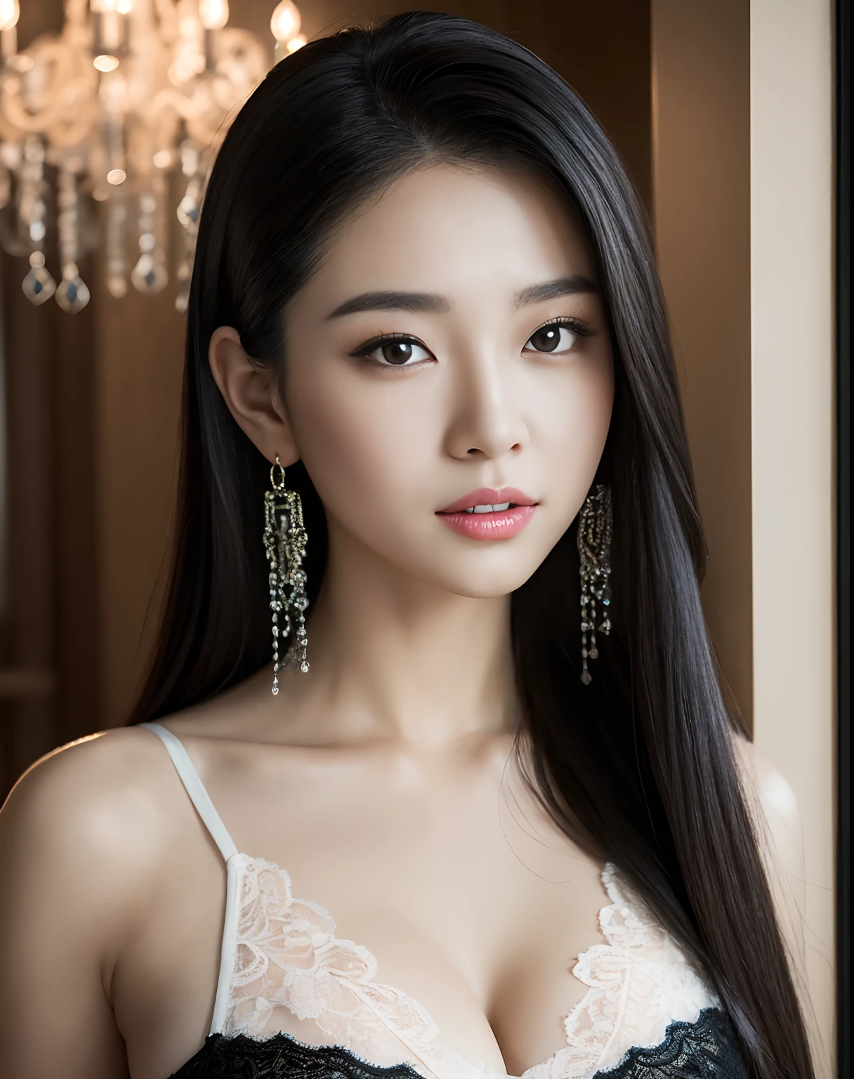 Portrait of an attractive Korean female in her 20s, long black hair, bright eyes, white lace bralette, chandelier earrings, huge size. (8K, Best Quality : 1.2), (Masterpiece, Photorealistic : 1.3), Super Detail, anatomically correct