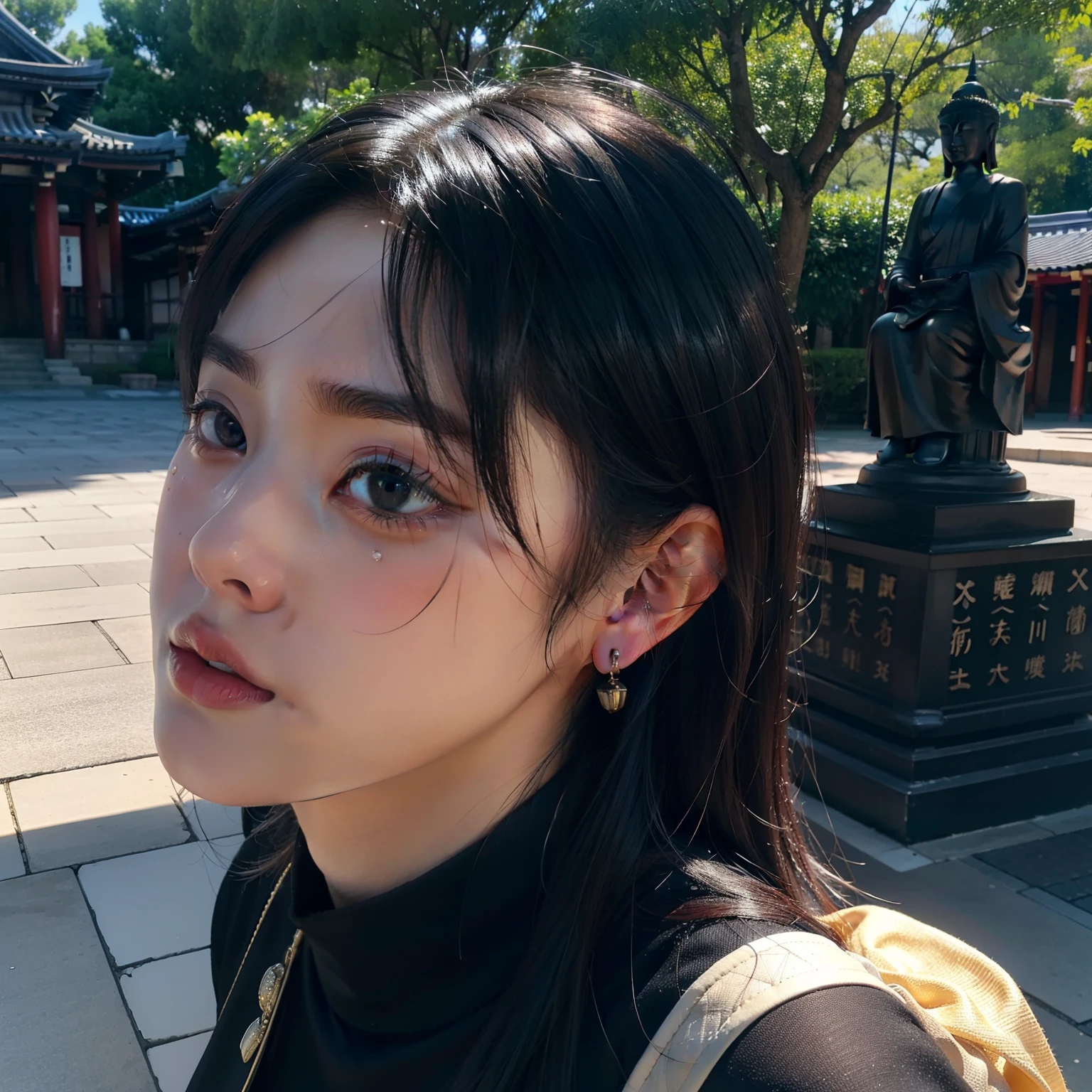 ((top-quality))、((masterpiece))、(ighly detailed:1.3)、HDR(HighDynamicRange)、Ray traching、nvidia RTX、Hyper-Resolution、Unreal 5、sub-surface Scattering、PBR Textures、post processed、Anisotropy Filtering、depth of fields、Maximum sharpness and sharpness、 multi-layer texture、Albedo and specular mapping、Surface Shading、Accurate simulation of light-material interactions、Perfect Ratios、octane renderings、Duotone lighting、Low ISO、White Balance、thirds rule、Large aperture、8K RAW、high efficiency sub-pixel、sub-pixel convolution、Luminescent particles、light scattering、Tindall Effect、one beautiful women、Sad face、Crying face、tears、Beautiful facial features、Eyes are double、Worship at a temple in Japan、Bright sunshine、Mourning、Black clothe、Scenery with a Japanese atmosphere、temple、Large Buddha statue、Thin eyebrows、flower bouquet、
