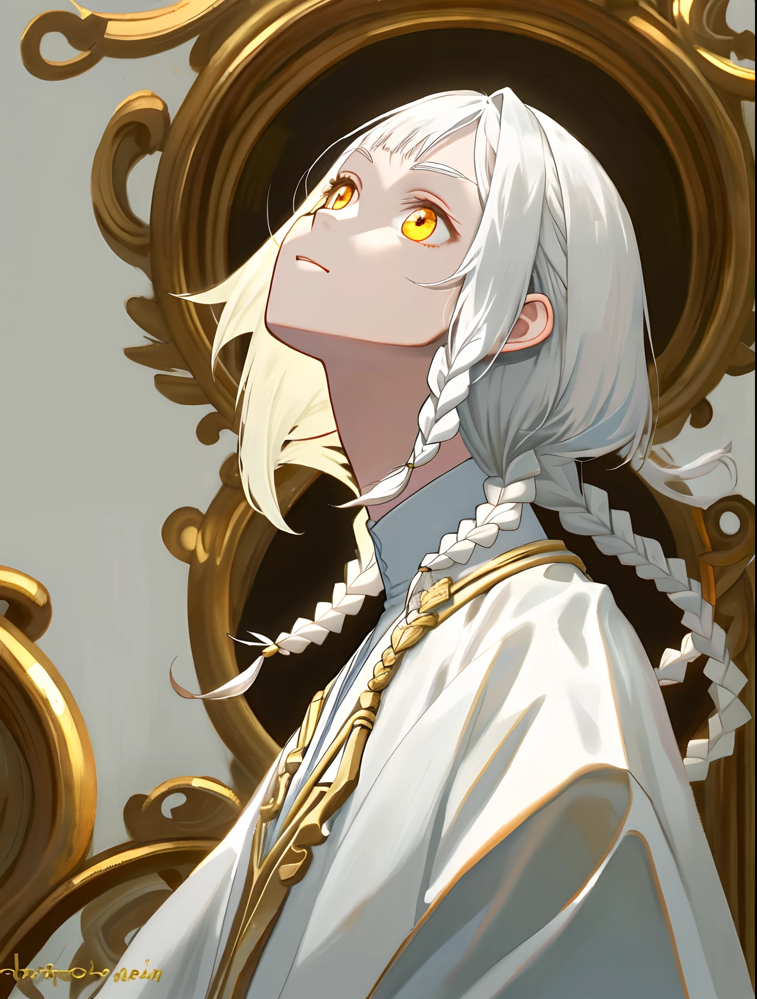 best quality, masterpiece,white hair, gold eyes,white clothes, looking up, upper body,hair strand,Fair skin,side braids