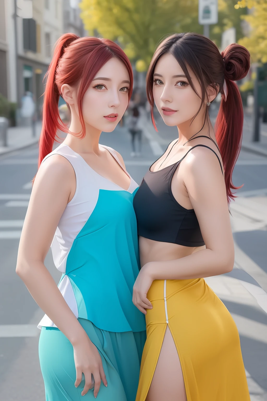 best quality, ultra high res, (photorealistic:1.4), masterpiece, outdoors, duo,Two women in costume taking selfies on the street,colorful pigtail, anime cosplaying,