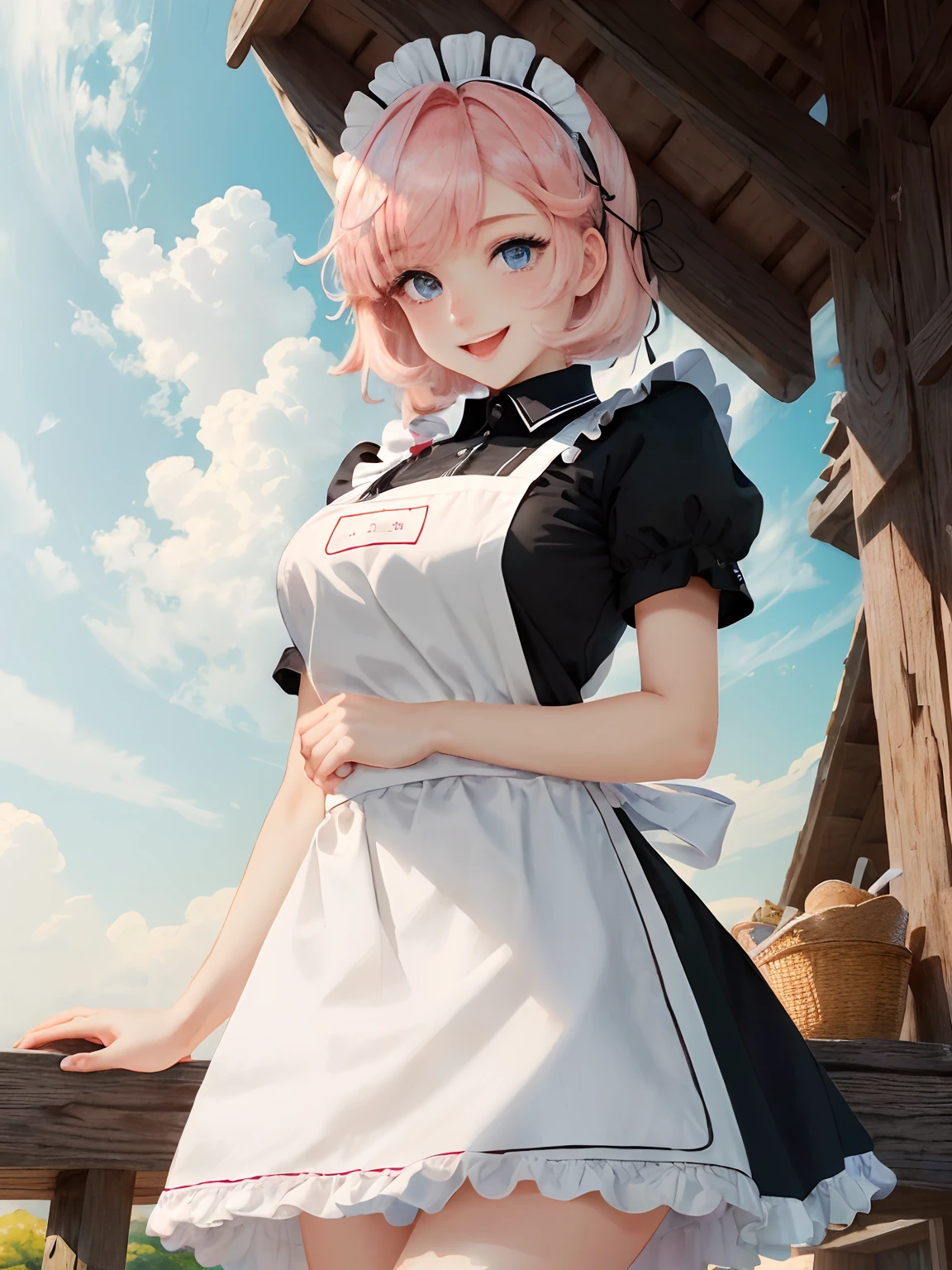 ultra - detailed,Masterpiece background,beautiful detailed background, V8K wallpapers,Perfect design, 1girl in, Solo, (arms out,Slender, Very short sleeves,Pink hair,maid, Hefty Smile、(Bring lunch),from below, Cowboy shot:1.2), (light  smile, Open mouth, ************, Pink hair, (Super long hair,double tails), Blue eyes, Blue eyes, black shirt, Short sleeves, maid apronl, white maid apron，Beth